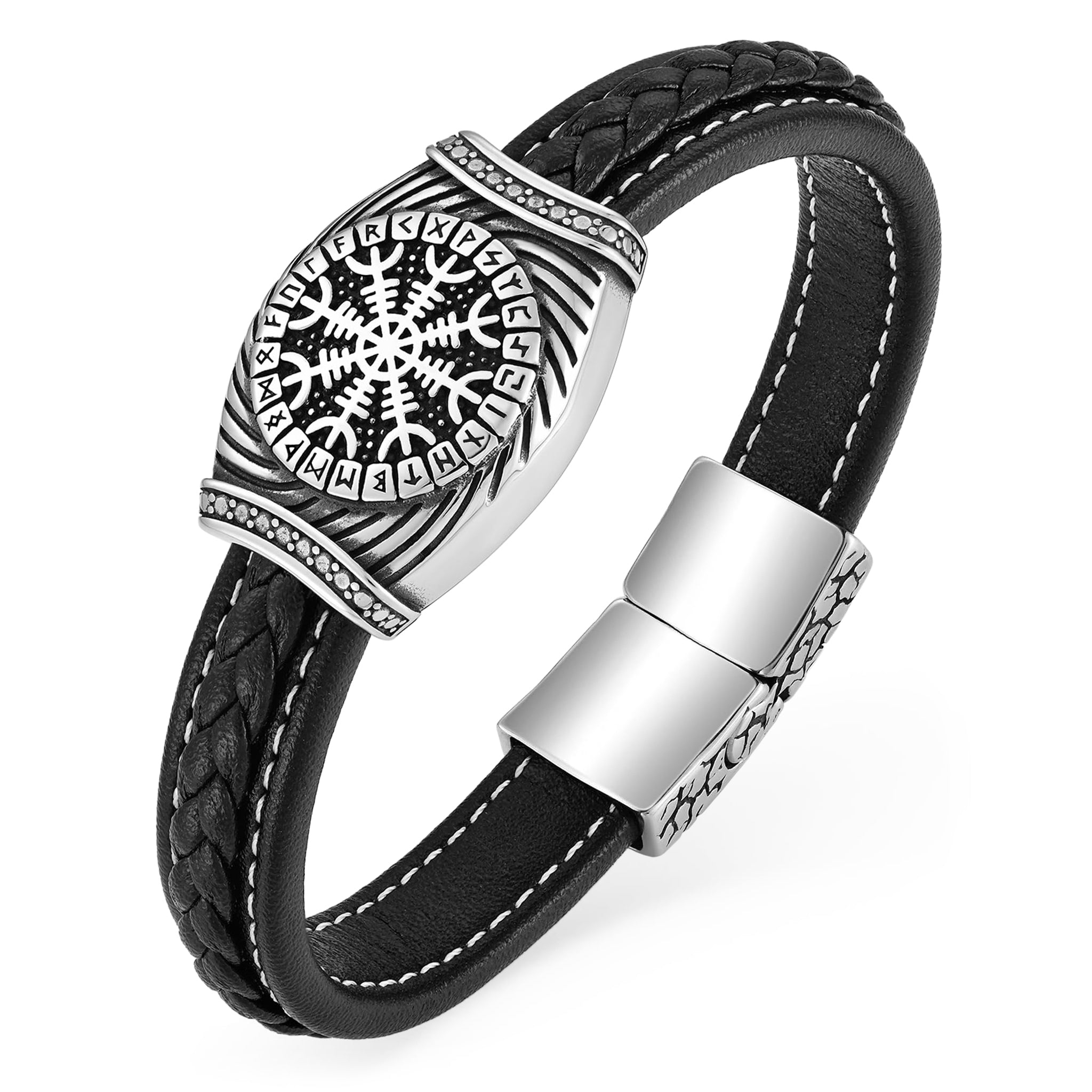 Armband i svart läder med rungaldern aegishjalmur ristad på stålsmycke