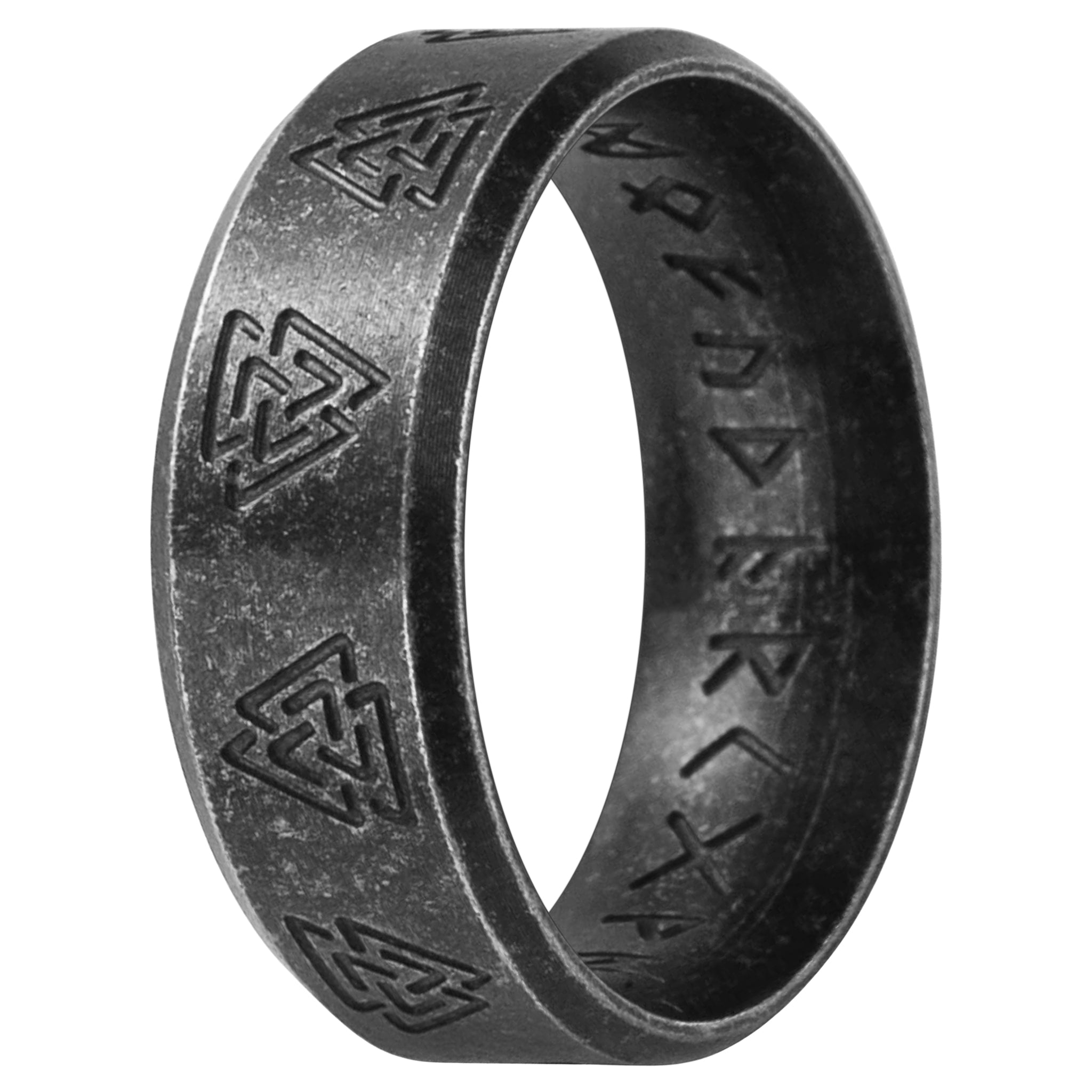 Antik vikingaring av rostfritt stål med valknutar och runskrift