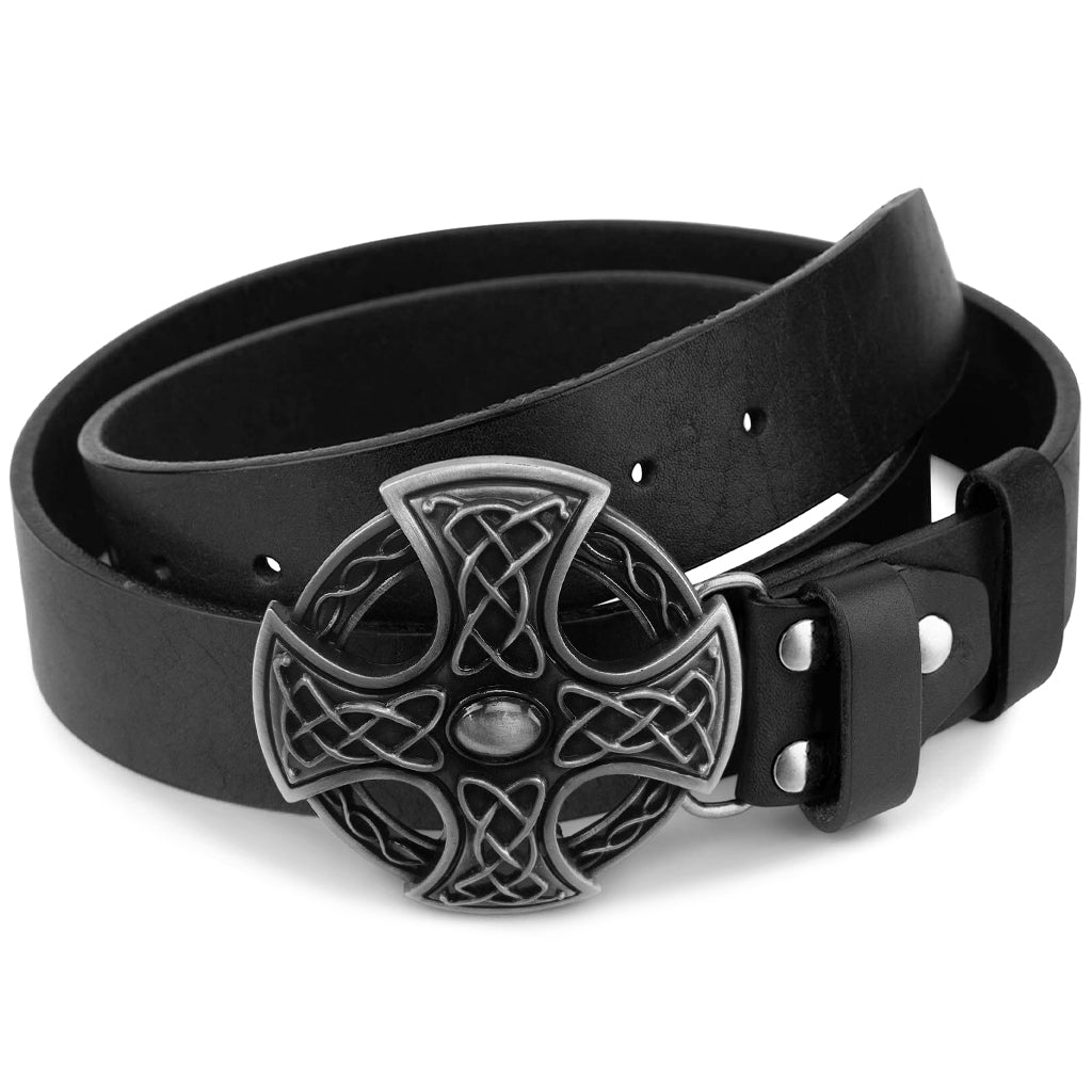 Svart bälte med silverfärgat spänne föreställande viking kors (Odins kors)