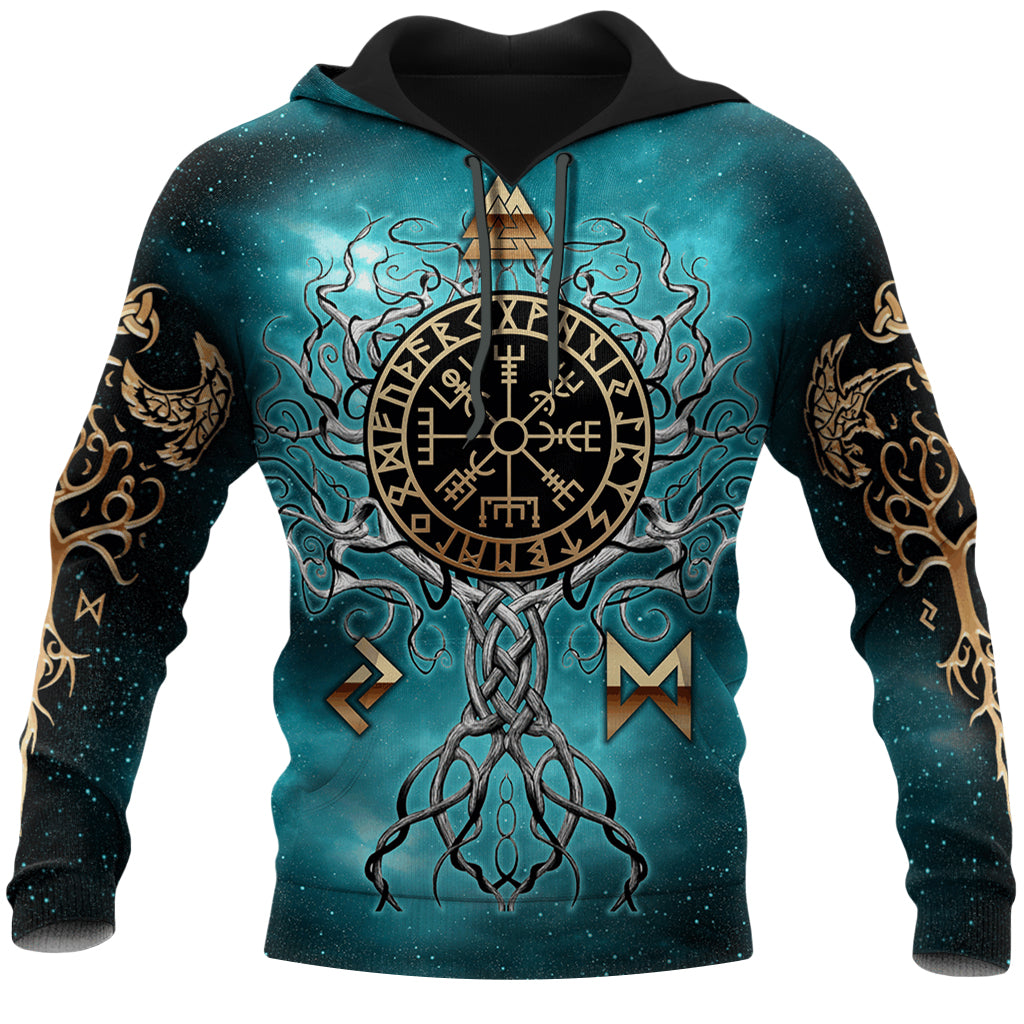 Blåfärgad hoodie med motiv av trädet Yggdrasil från vikingarnas mytologiska värld