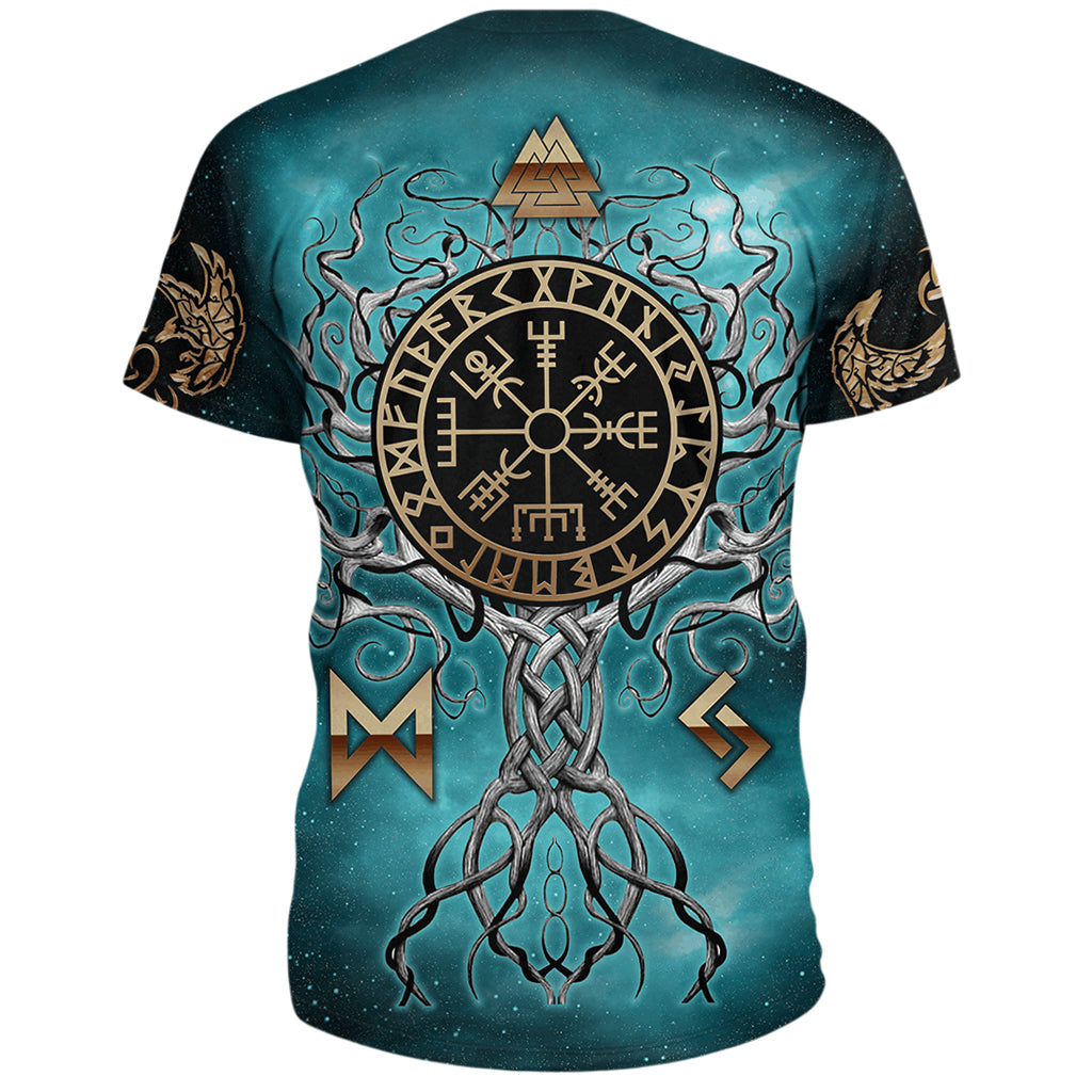 Blå viking T-shirt med motiv av världsträdet från nordisk mytologi