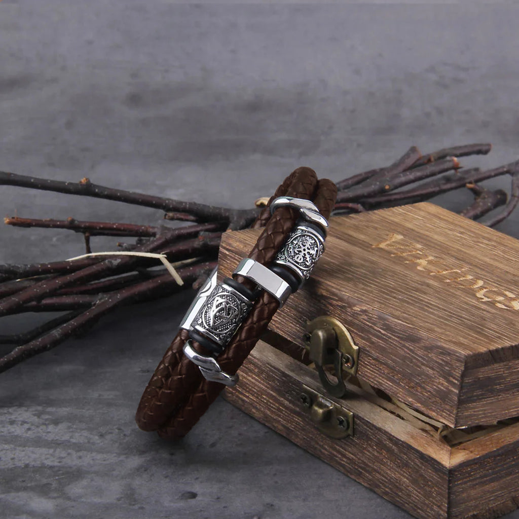 Brunt dubbelt flätat läderarmband i nordisk stil för män och kvinnor