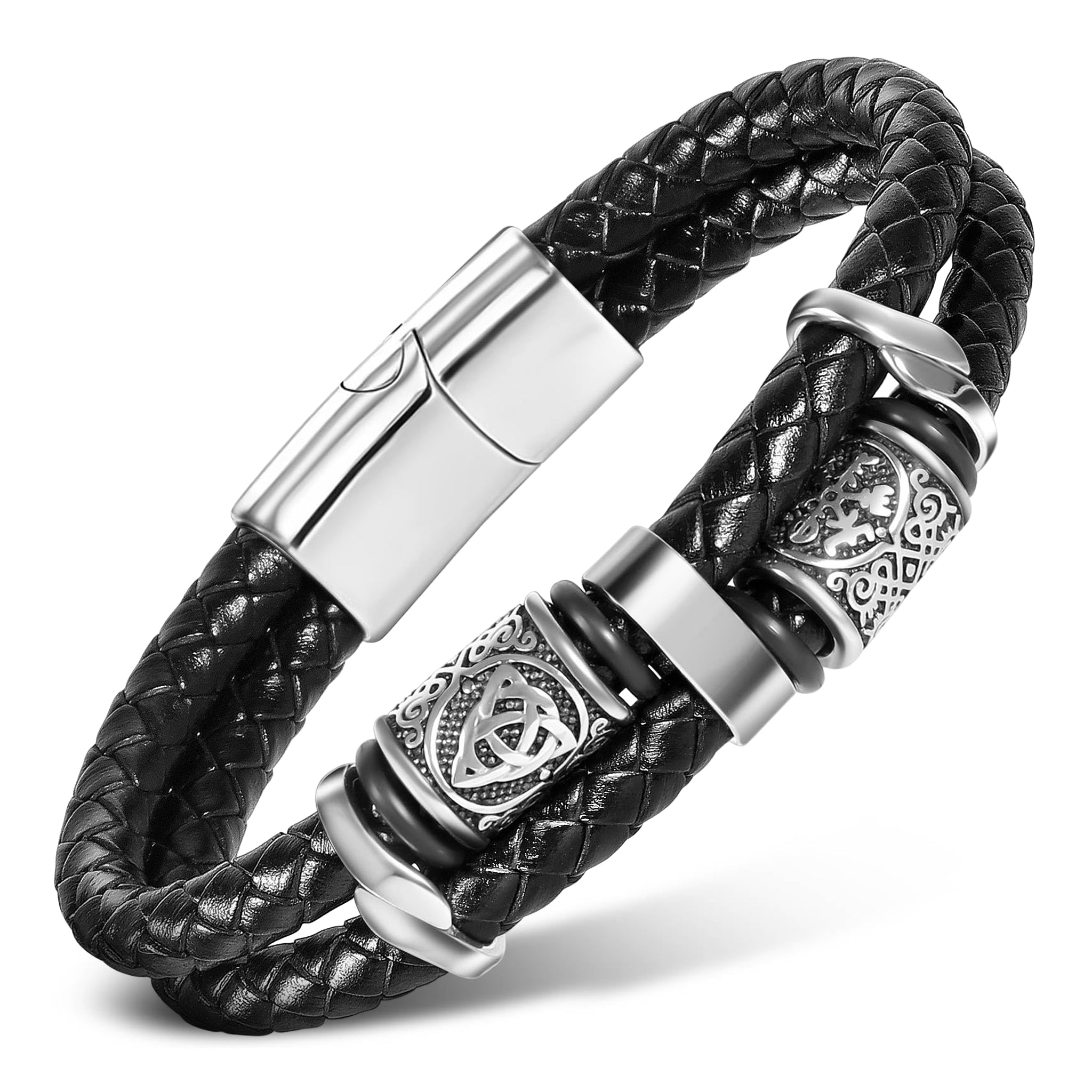 Dubbelflätat viking läderarmband av svart äkta läder