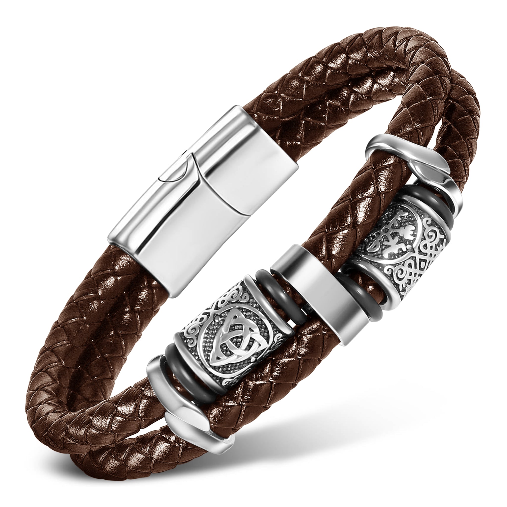 Dubbelt boloflätat viking armband av brunt äkta läder