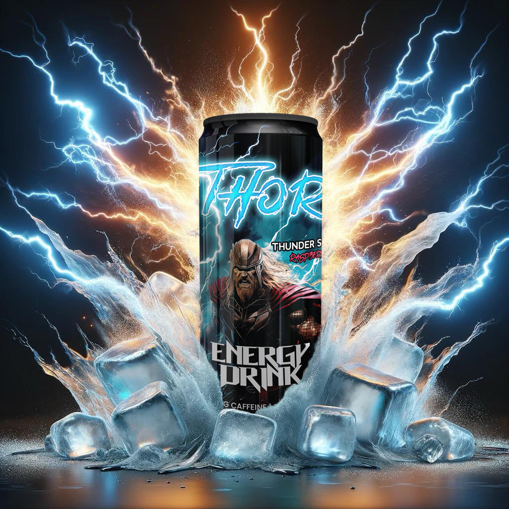 Energidricka Thor Thunderstorm Raspberry 330 ml från Viking Factory – viking dryck berikad med vitaminer och 180 mg koffein