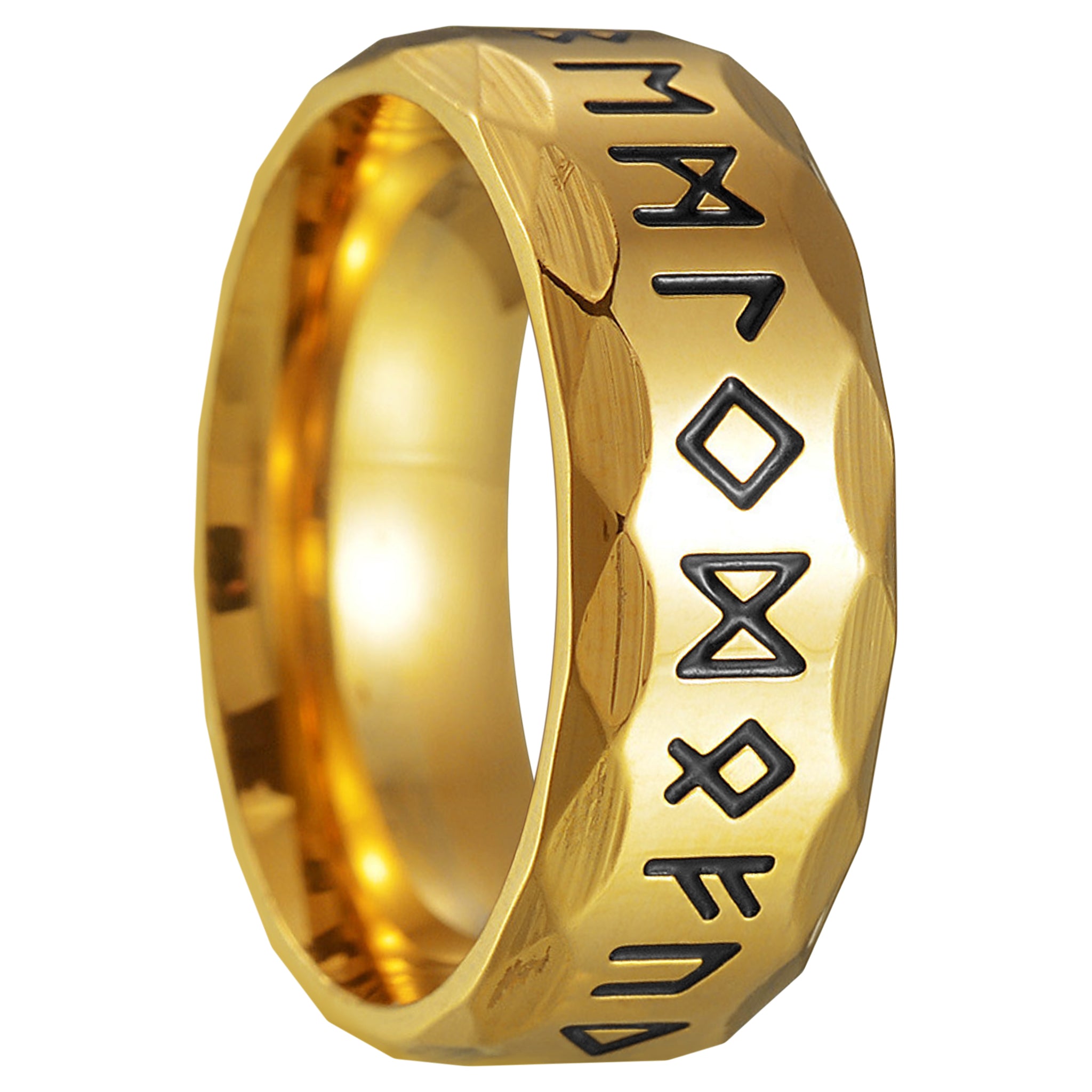 Fasettslipad guldring med runor, tillverkad av rostfritt stål med slitstark PVD-beläggning