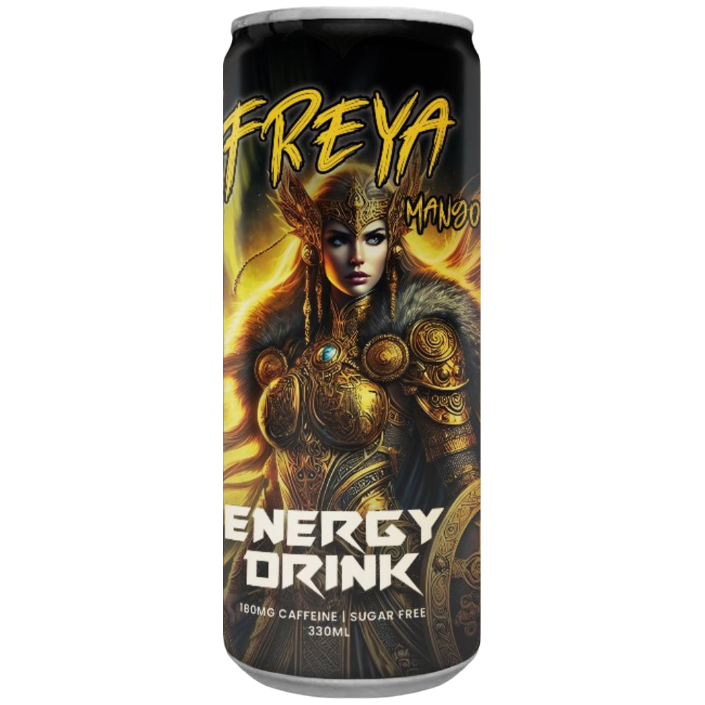 Energidryck Freya Energy Mango 330 ml från Viking Factory – 180 mg koffein per burk och berikad med vitaminer