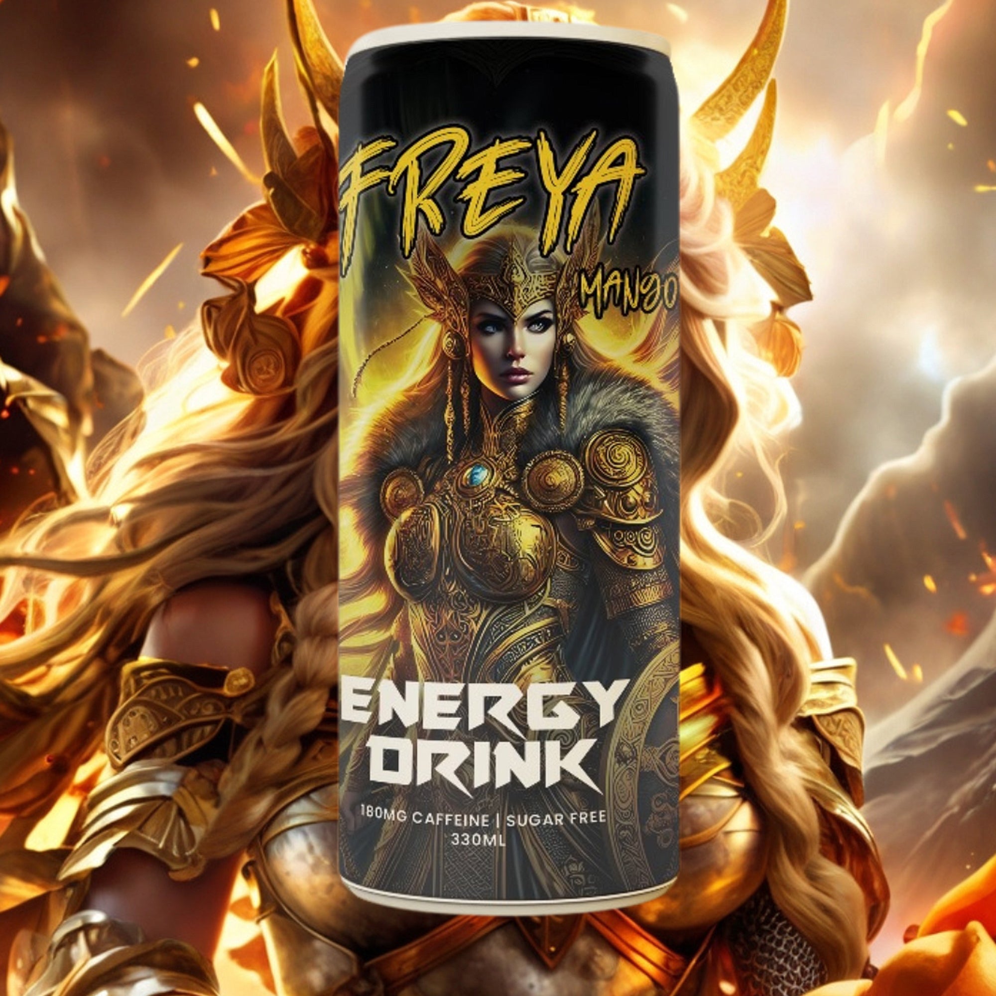 Freya Energy Drink Mango – uppfriskande energidryck med mangosmak inspirerad av gudinnan Freja i nordisk mytologi