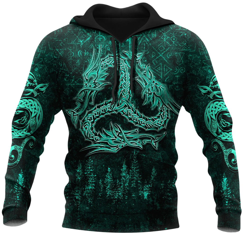 Grönfärgad huvtröja mönstrad med drakar i formation som en spiralknut