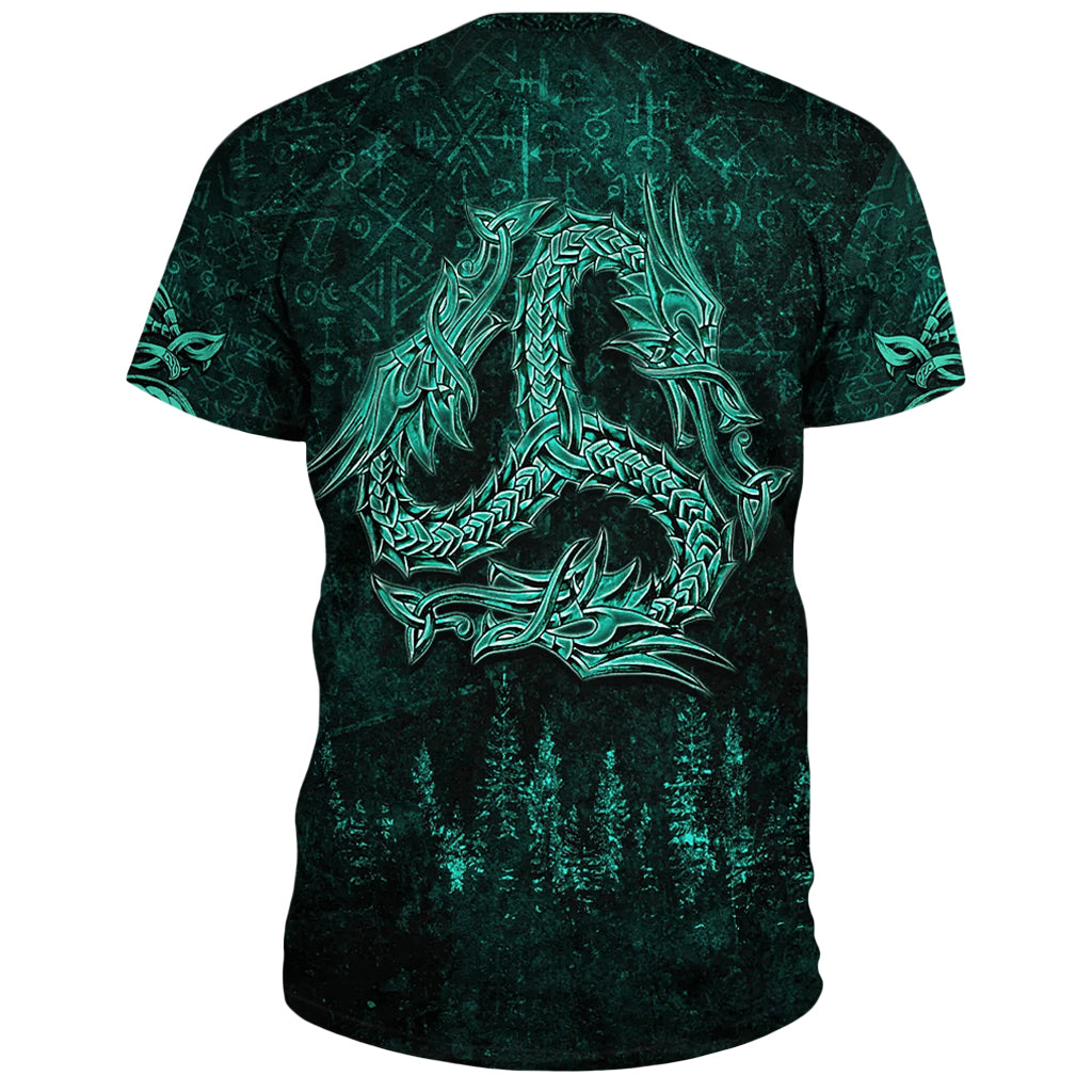 Grönfärgad viking T-shirt mönstrad med drakar i nordisk stil
