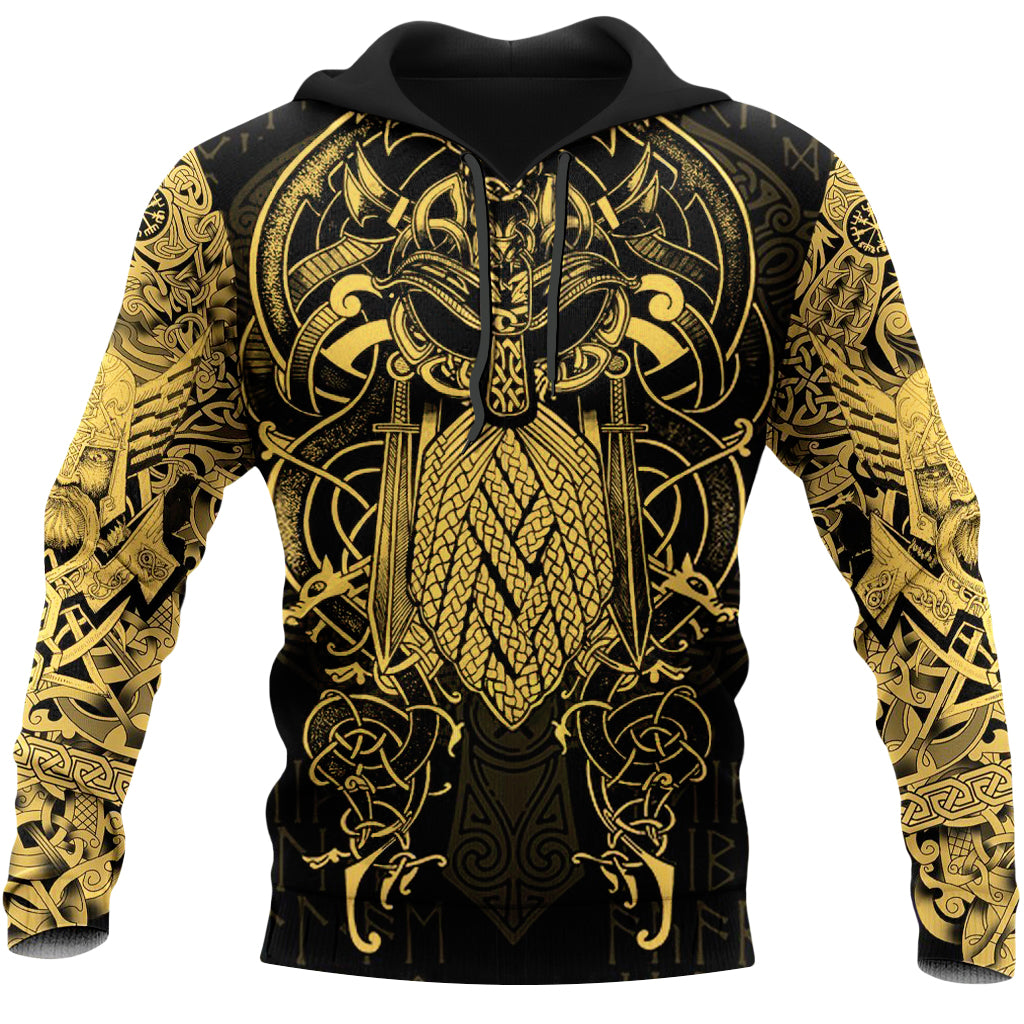 Huvtröja med gult textiltryck avbildande den högste guden i nordisk mytologi