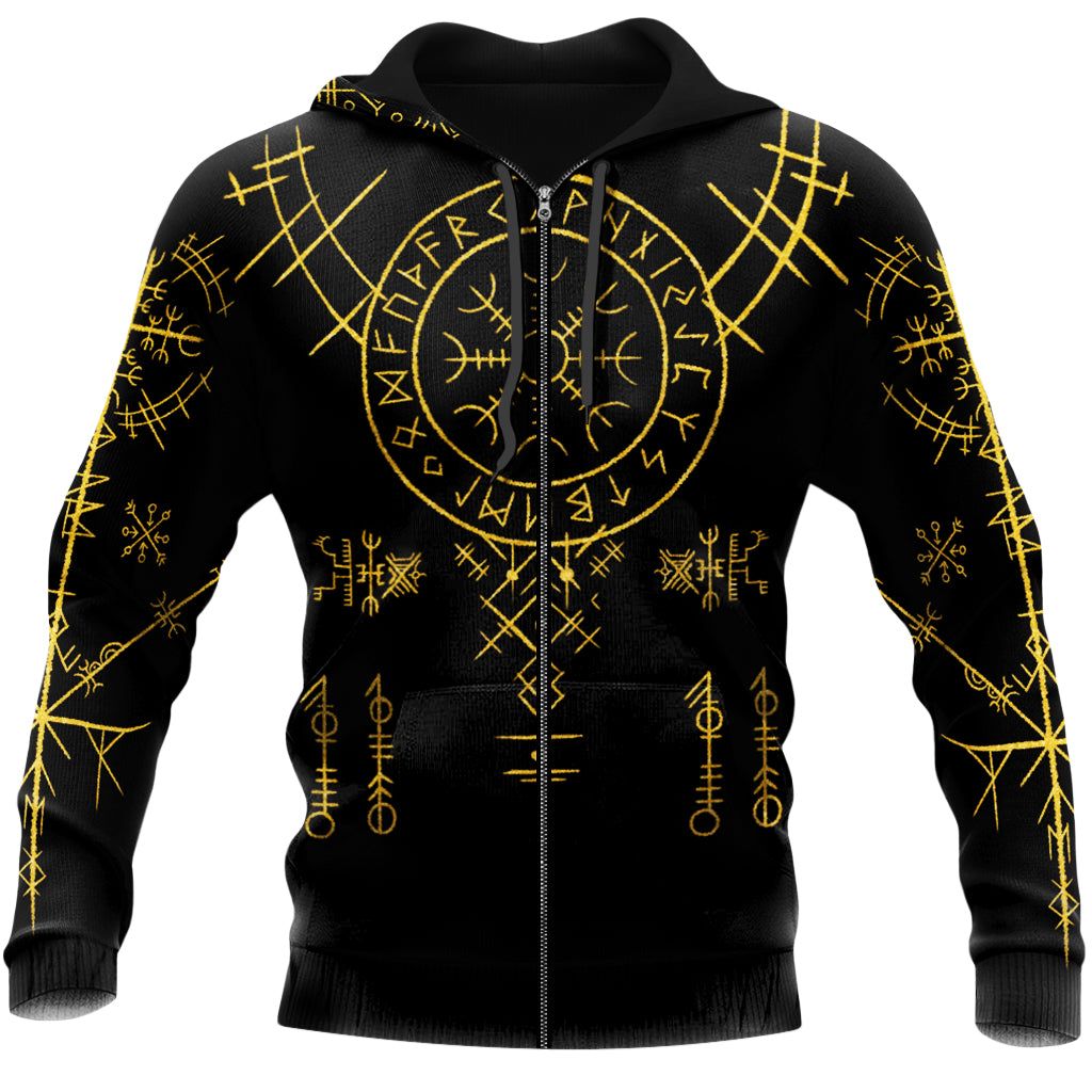 Svart hoodie med motiv av galdrastaven aegishjalmur