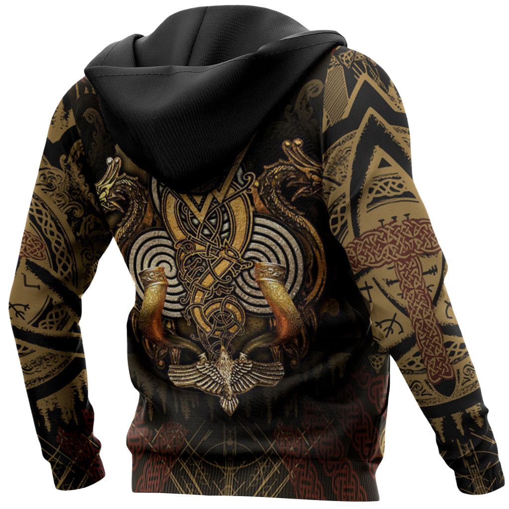 Luvtröja med gyllene tryck föreställande triangelformad vikingasymbol