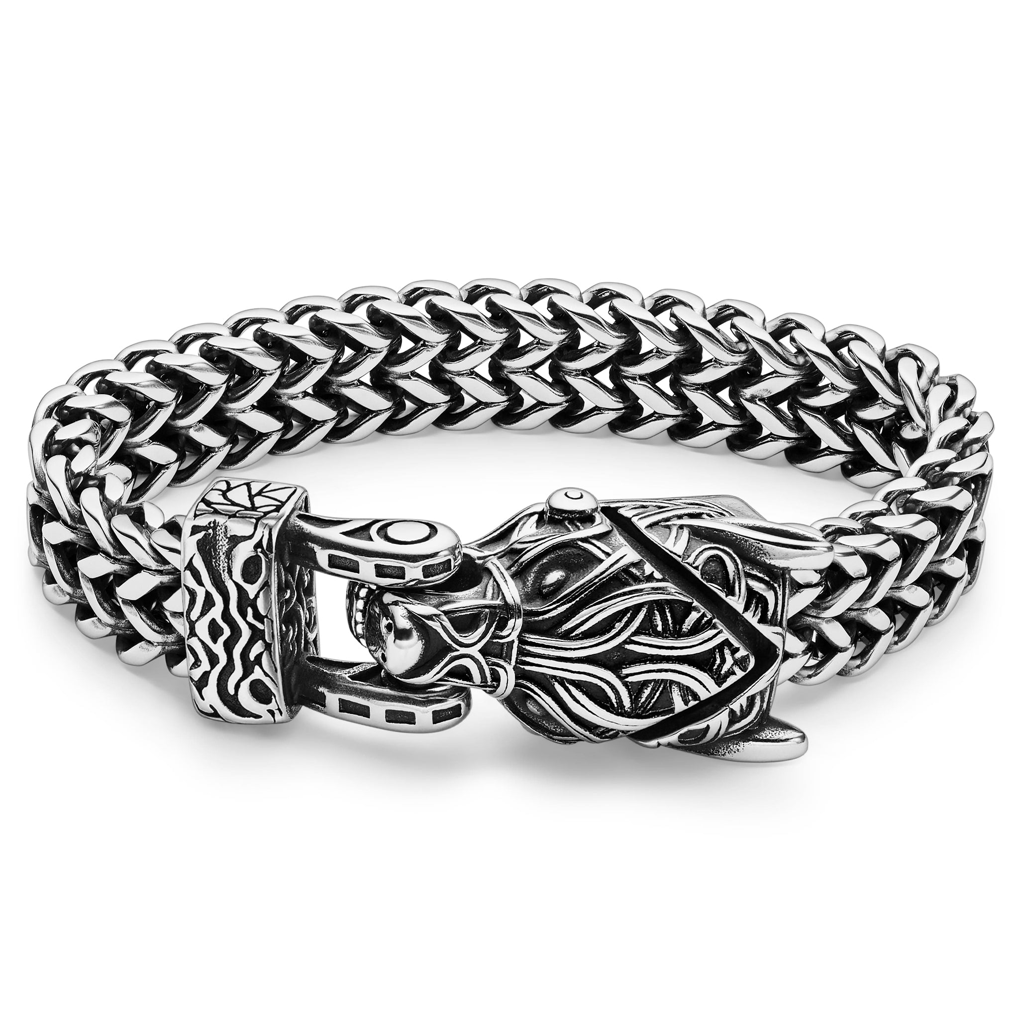 Silverfärgat kedjearmband av rostfritt stål med en varg som låsanordning