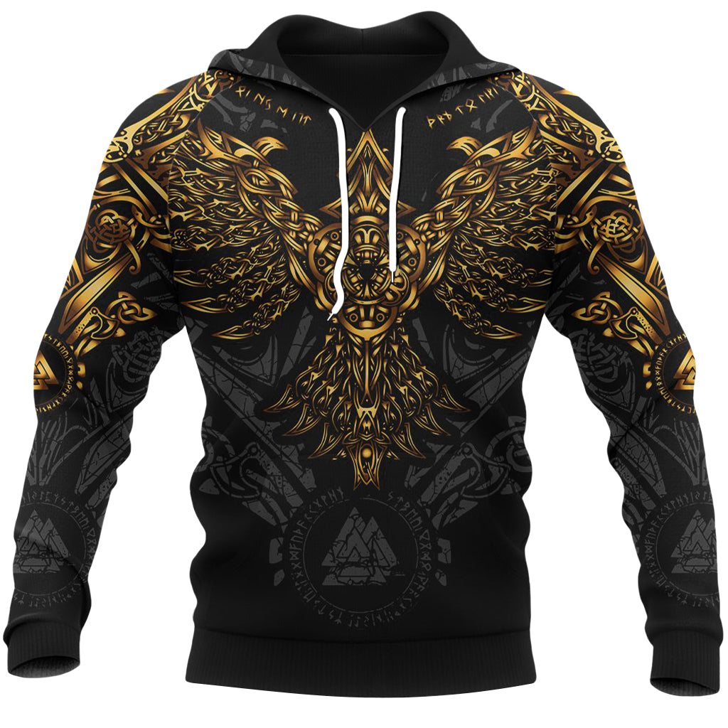 Modern vikinga tröja mönstrad med korp och valknut-symboler