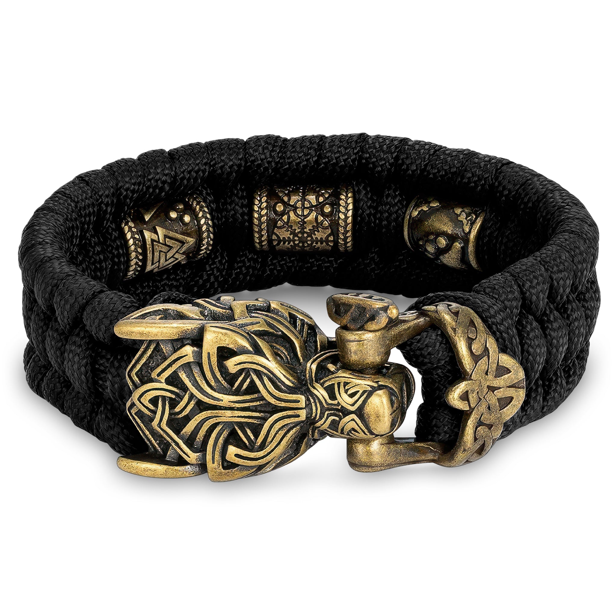 Svart paracord armband med en mässingsfärgad varg som låsanordning