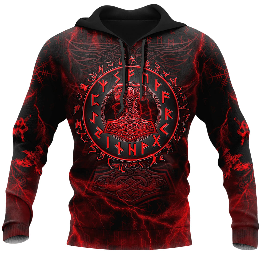 Rödfärgad viking hoodie mönstrad med åskguden Tors hammare och runor