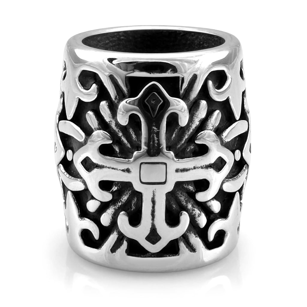 Silverfärgad skäggpärla dekorerad med grekiskt kors och heraldiska liljor (franska liljor)