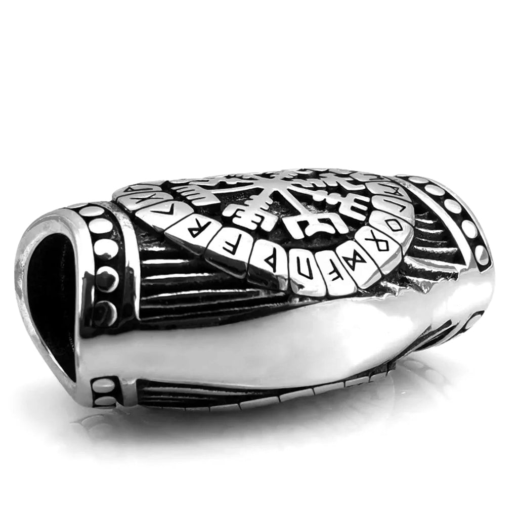 Vikingainspirerat skäggsmycke med vegvisir och runor, tillverkat av rostfritt stål