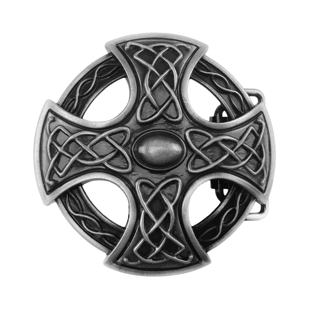 Stålfärgat bältesspänne format som ett enkelt kelterkors (ringkors)