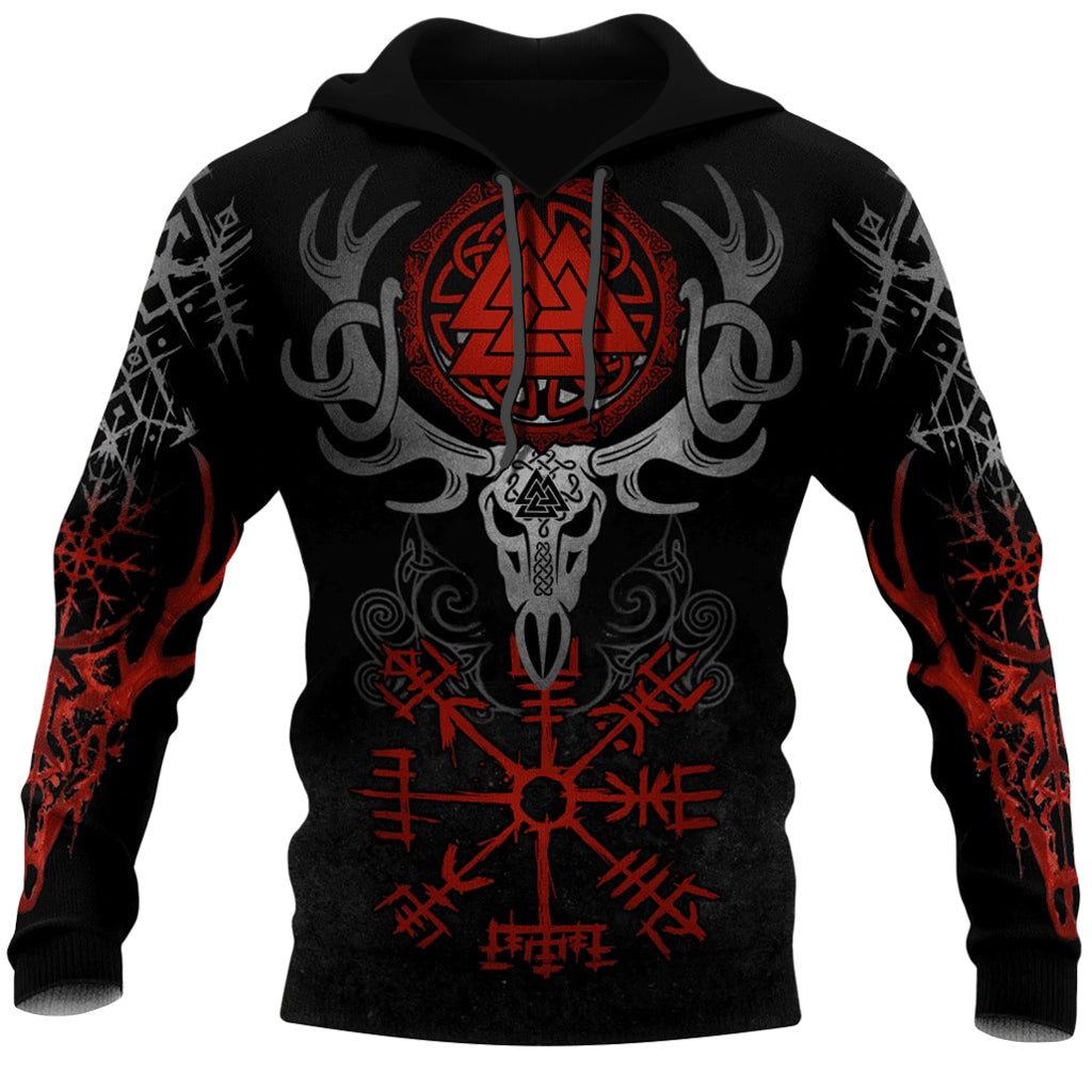 Svartfärgad luvtröja med textiltryck av valknut på bröstet