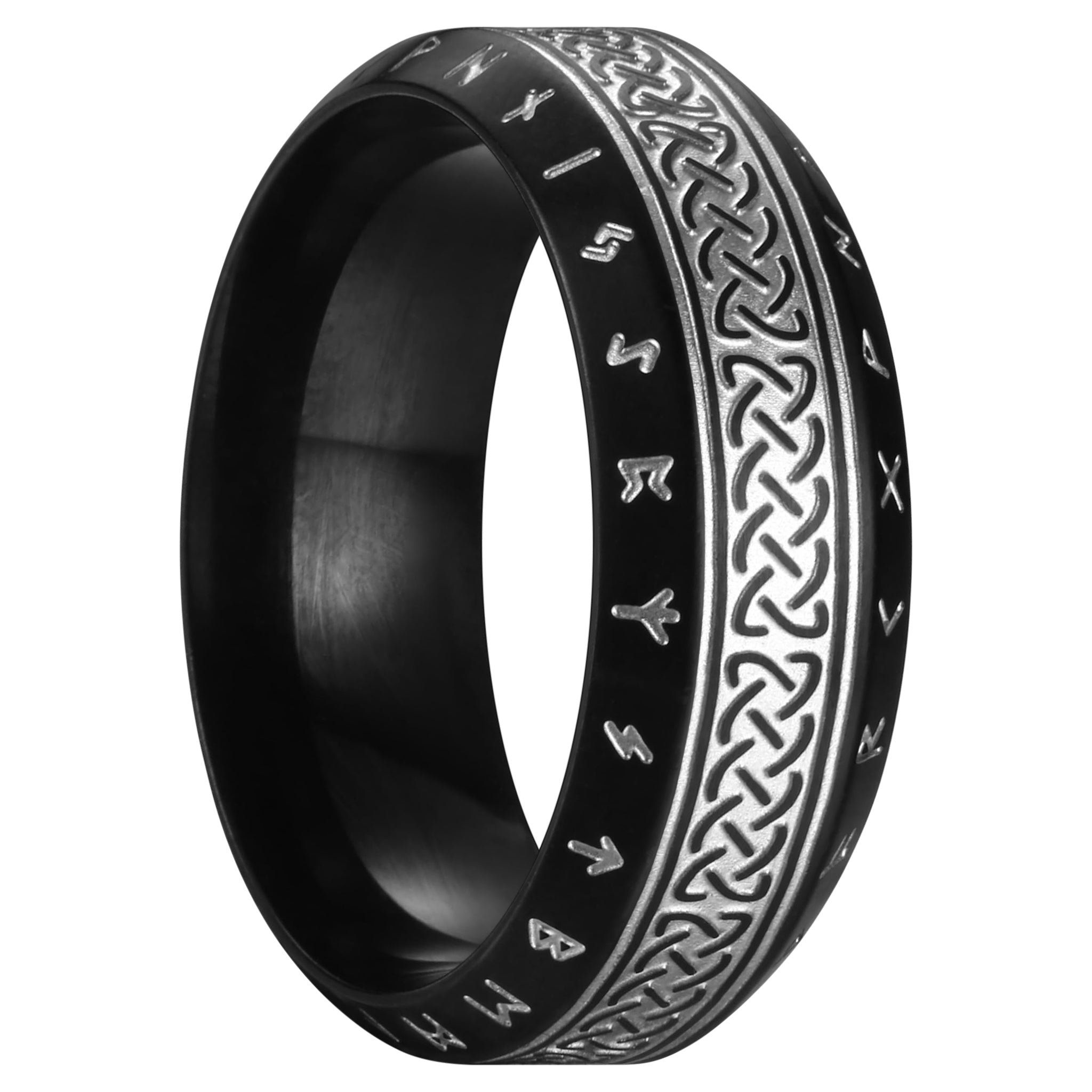 Svart vikingaring med evighetsknutar och runor, tillverkad av rostfritt stål