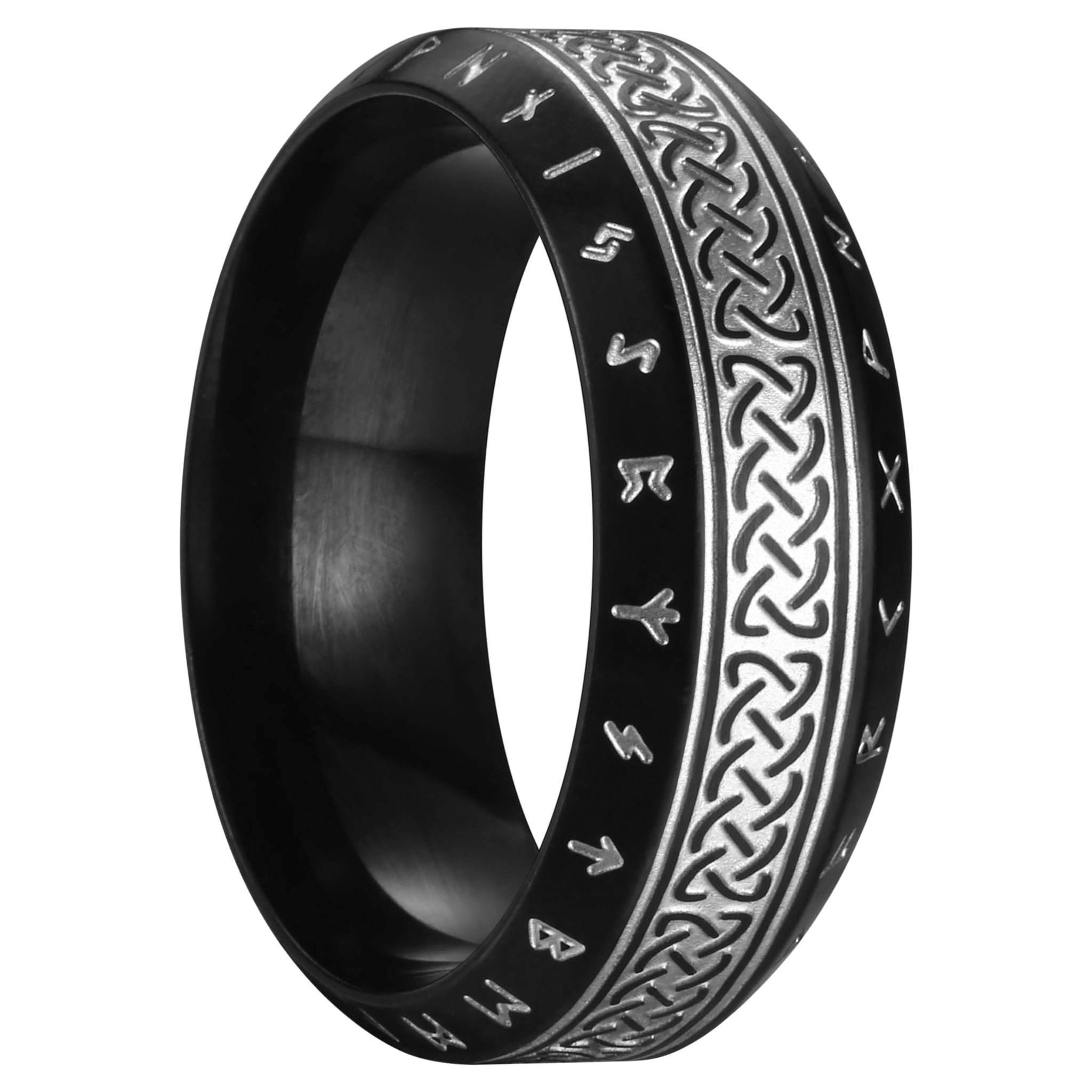 Svart vikingaring med evighetsknutar och runor, tillverkad av rostfritt stål