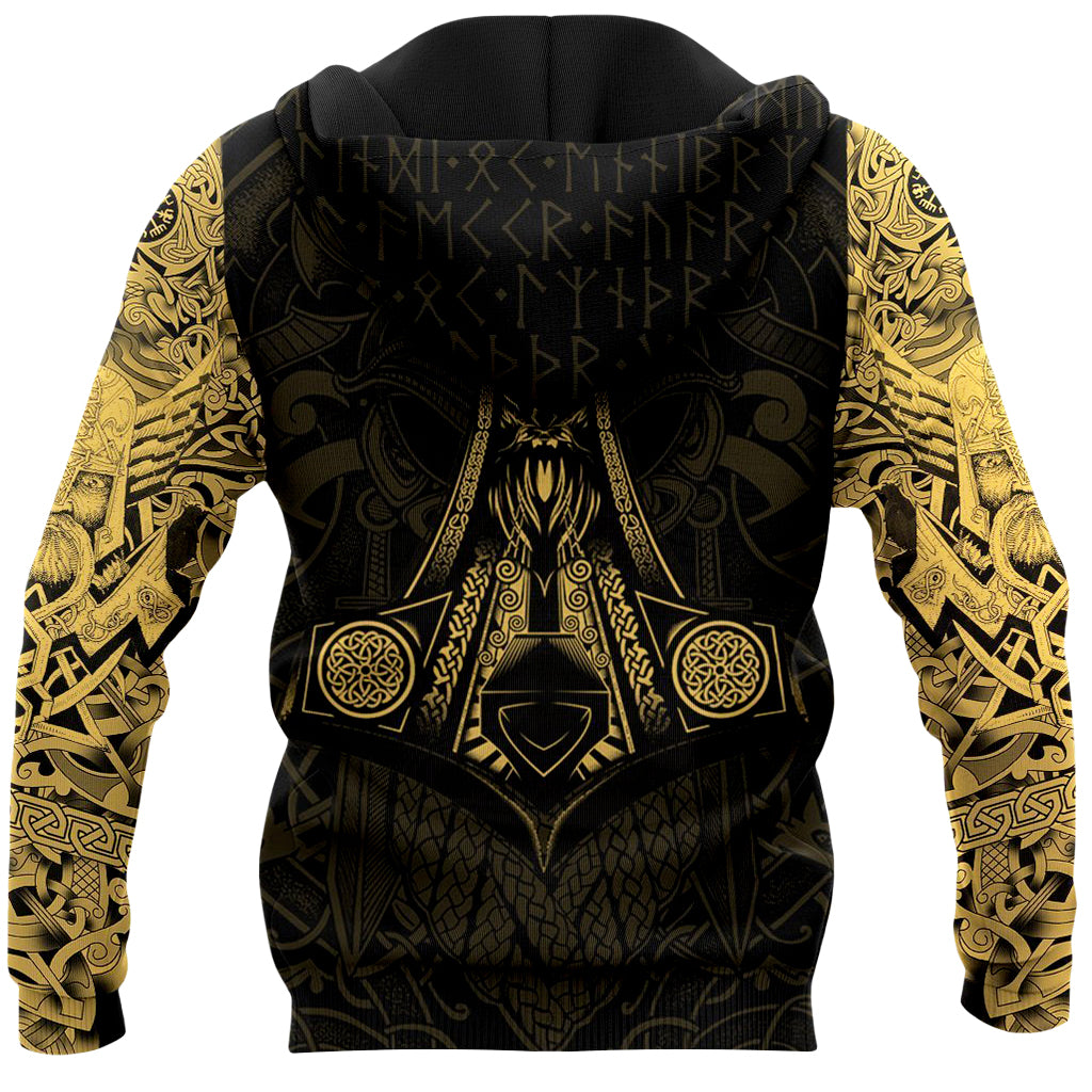 Gul- och svartfärgad sweatshirt med textiltryck föreställande Odin