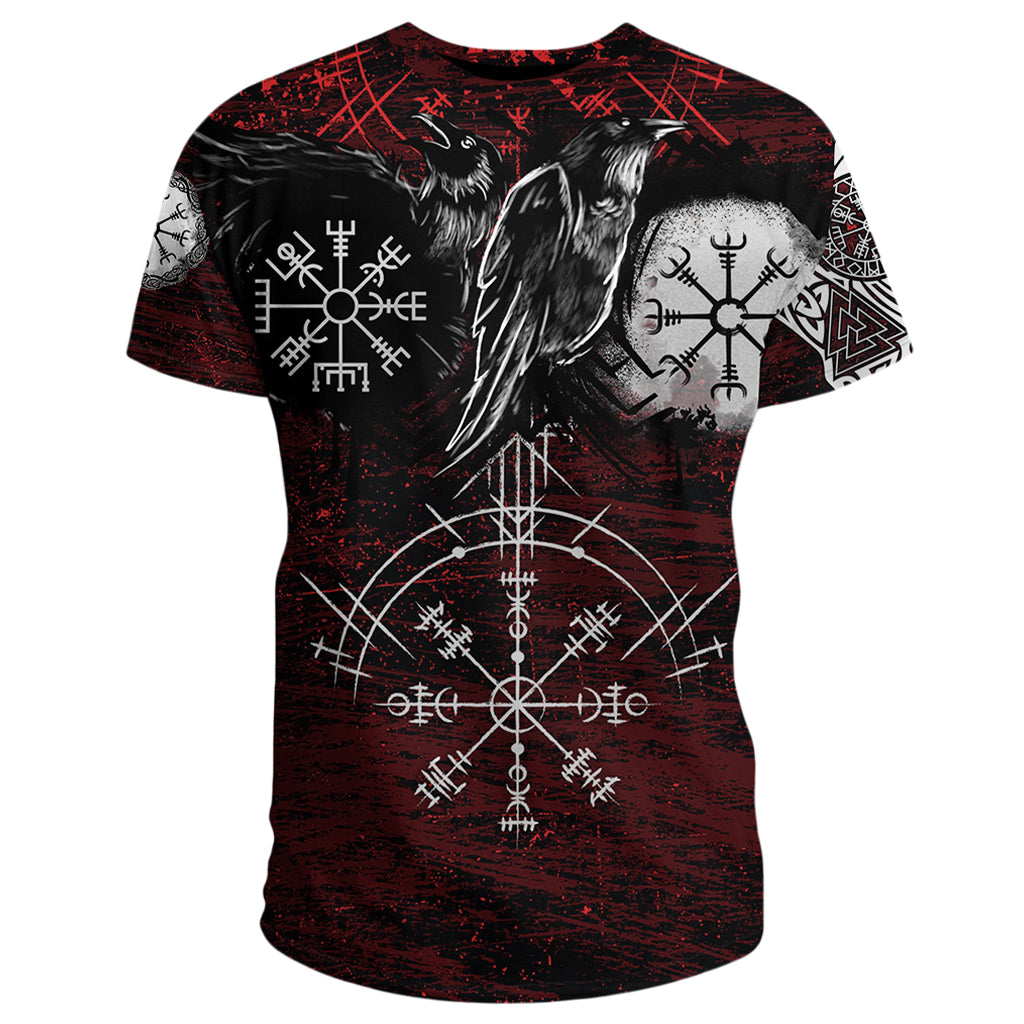 Röd viking T-shirt med vegvisir, aegishjalmur och Odens korpar