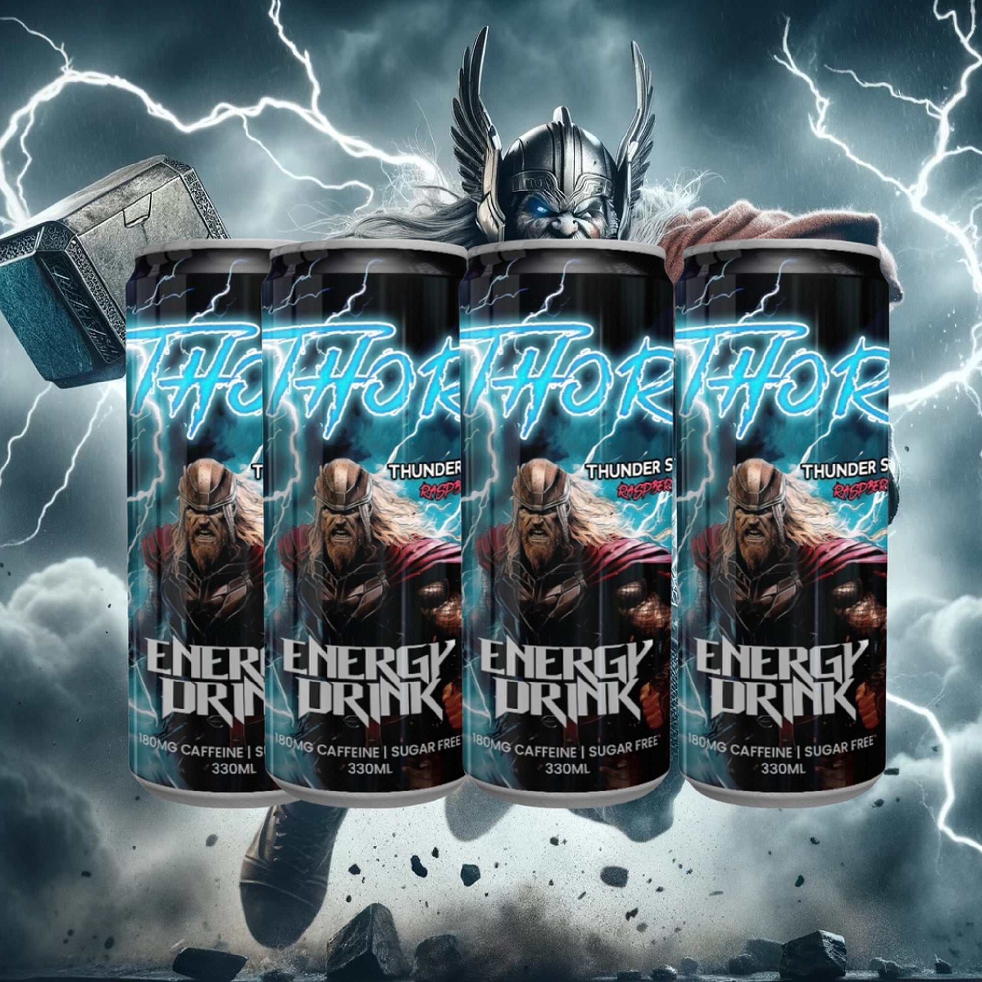 Thor Thunderstorm Energy Drink – kolsyrad funktionsdryck med hallonsmak och den nordiska åskguden Tors kraft