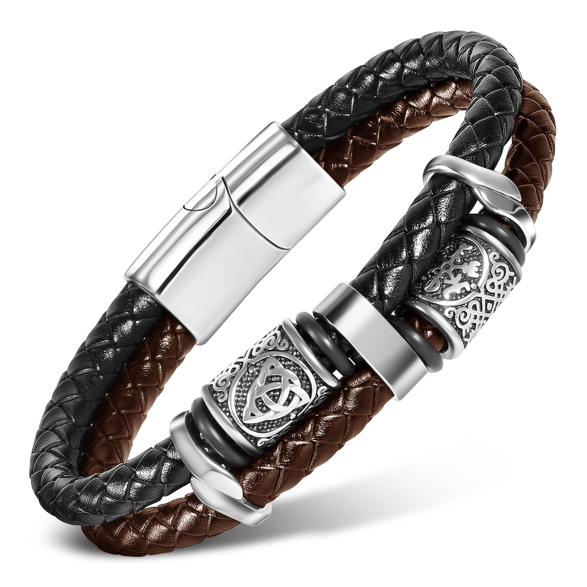 Tvåfärgat nordiskt läderarmband av brunt och svart äkta läder