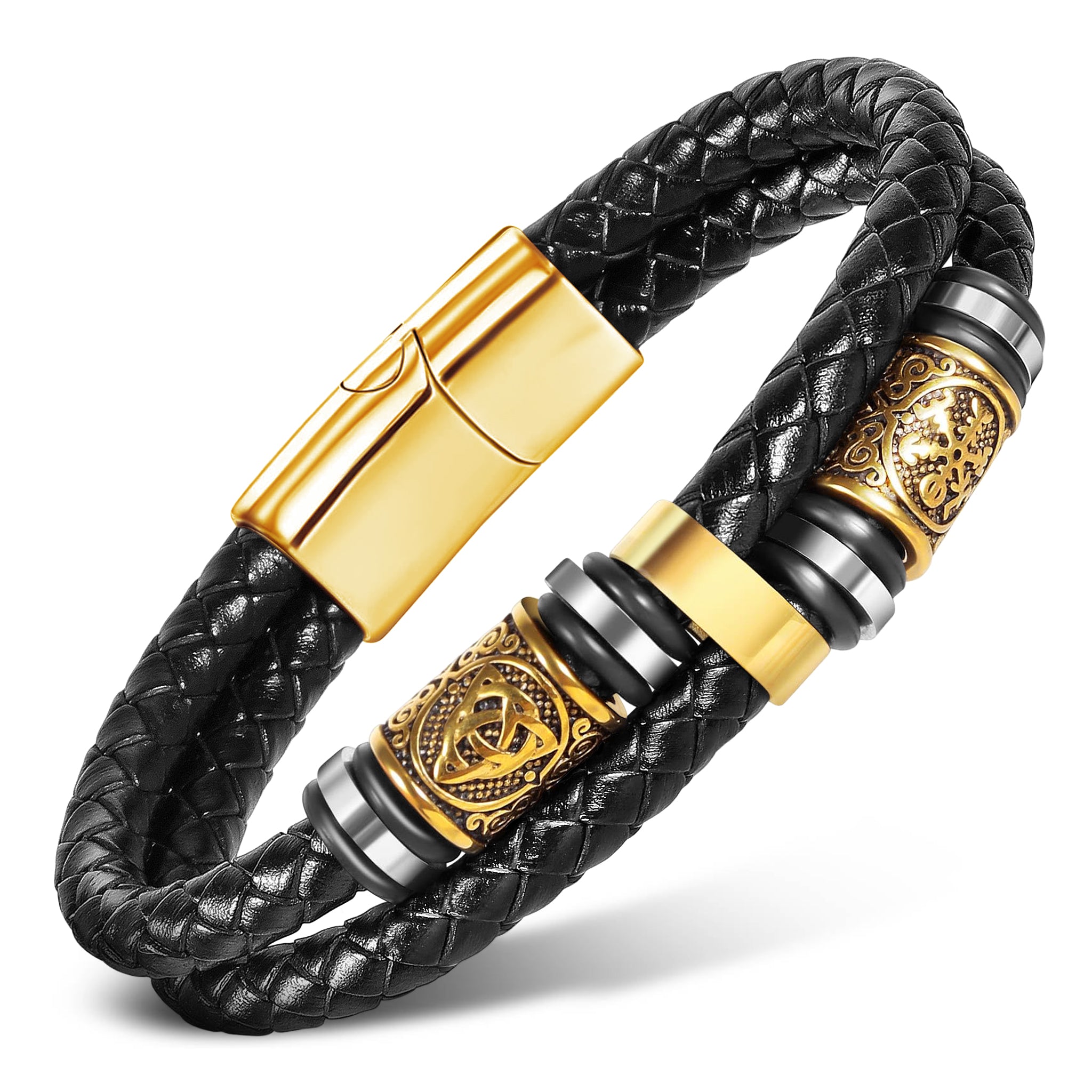 Tvåflätat viking läderarmband av svart äkta läder