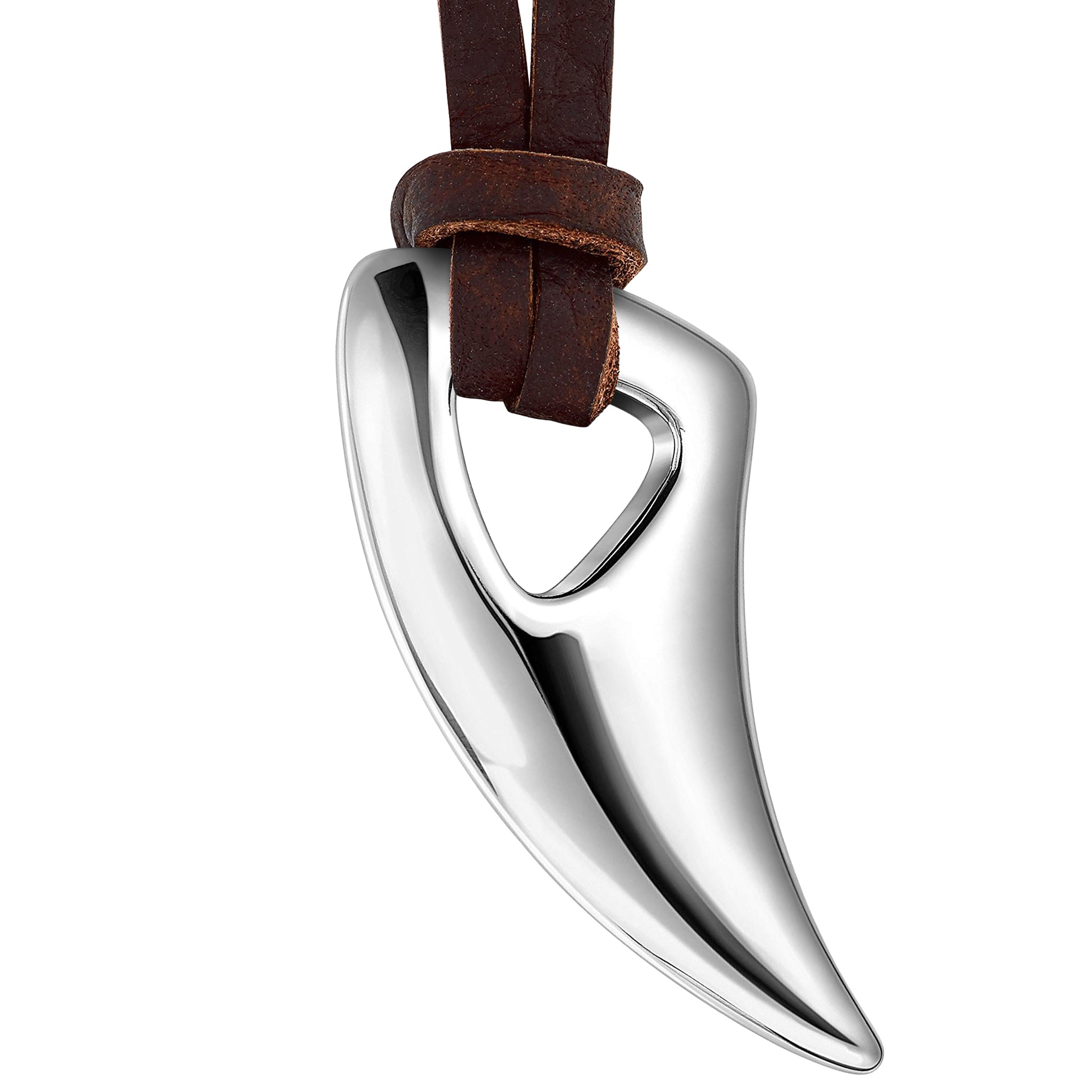 Vargtand smycke av rostfritt stål med brunt halsband av läder