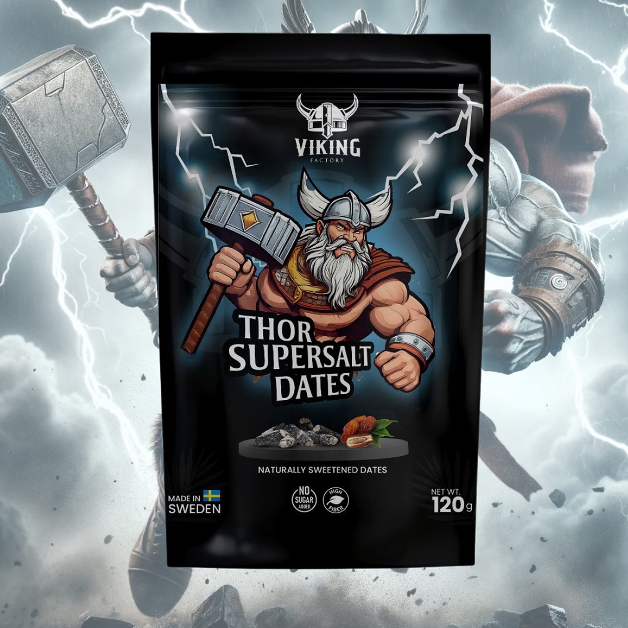 Dadlar från Viking Factory med överdrag av salmiak och lakritspulver – viking godis med sötma och sälta