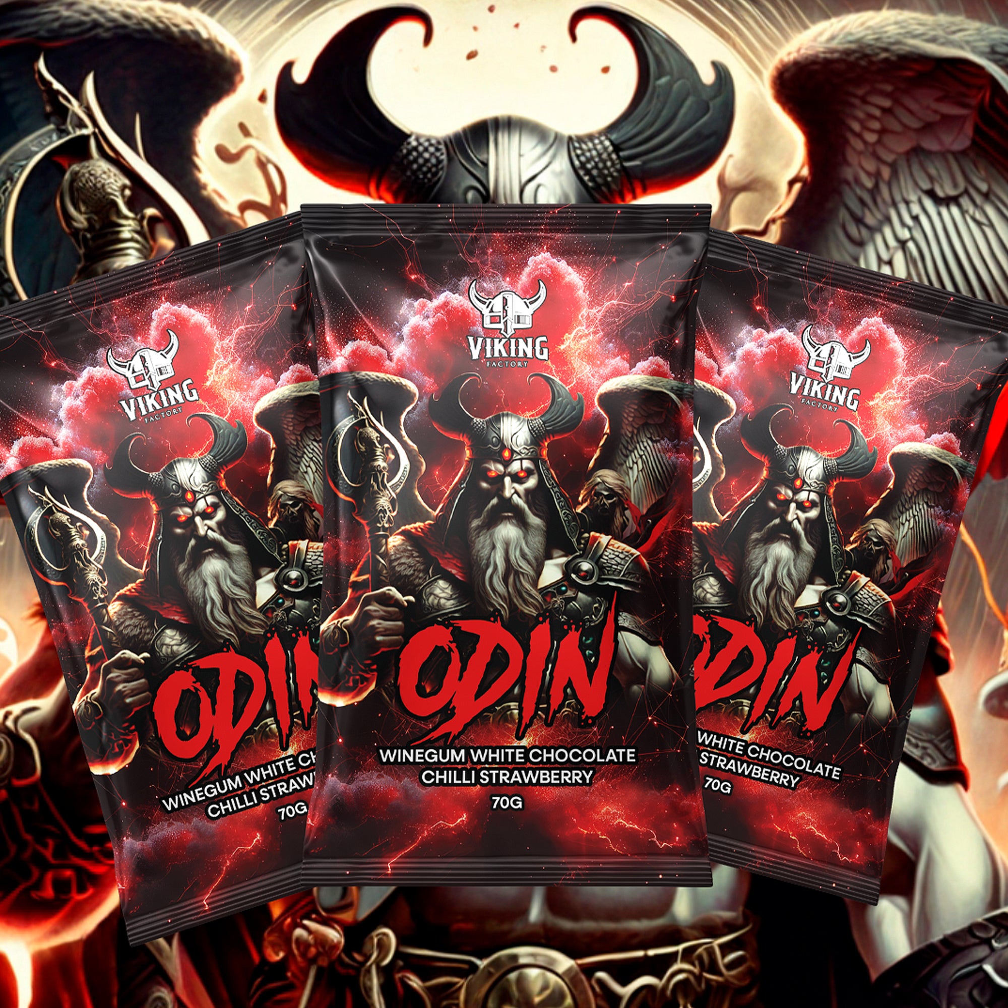 Vikingagodis med vingummin doppade i choklad med smak av chili och jordgubb