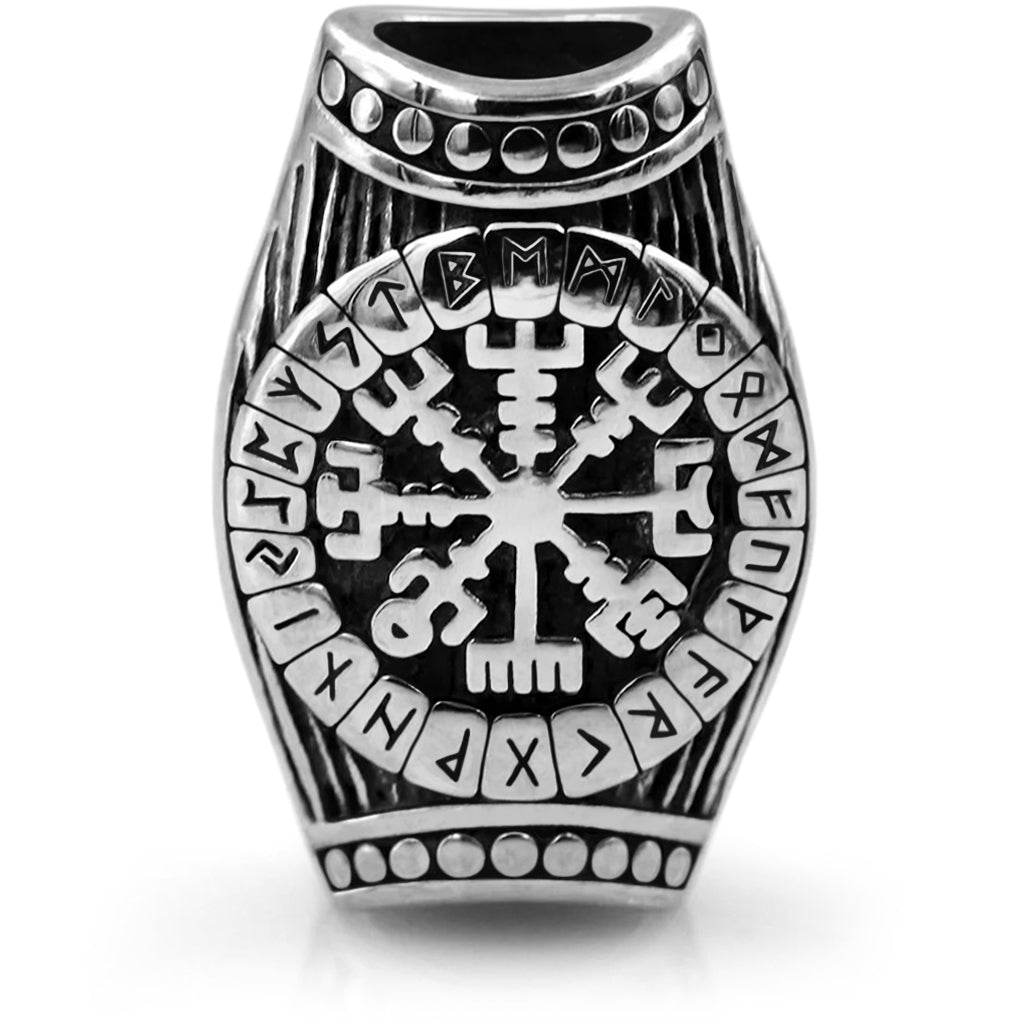 Silverfärgad viking hårpärla graverad med vegvisir och runor runtom