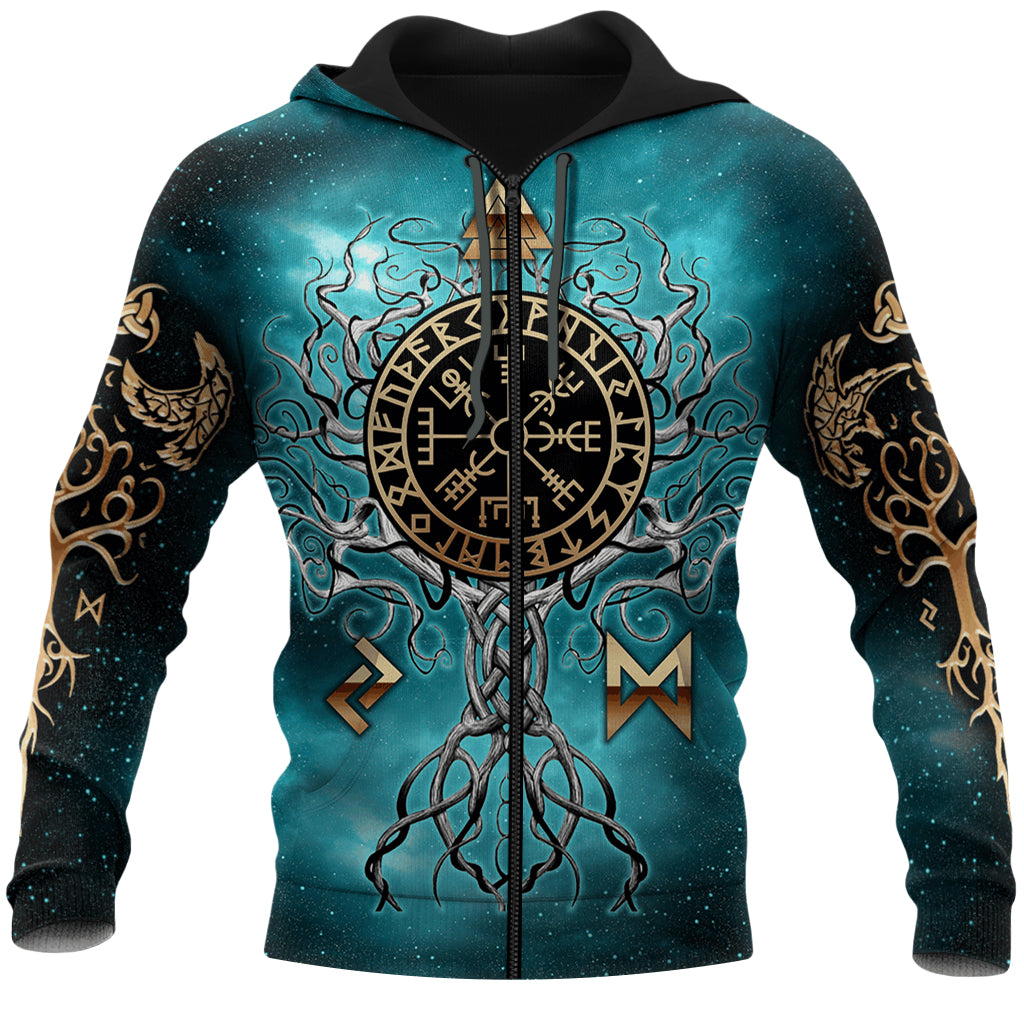 Blå viking huvtröja mönstrad med flera symboler såsom valknut, vegvisir och Odens horn