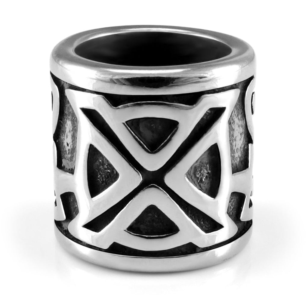 Stålfärgad viking skäggring med gravyr i form av runan Gebo (Gebu) och ornamentik