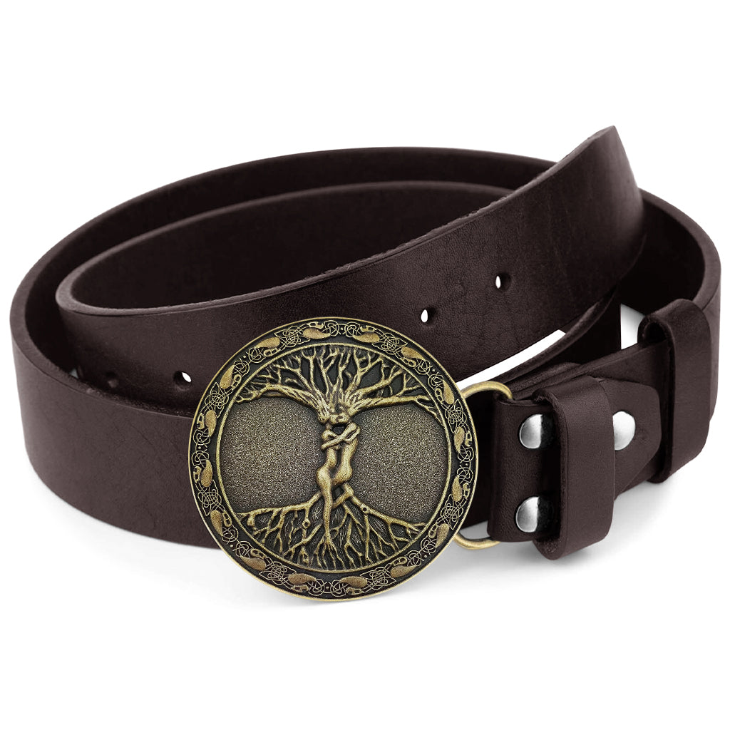 Brunt bälte med viking spänne avbildande livets träd