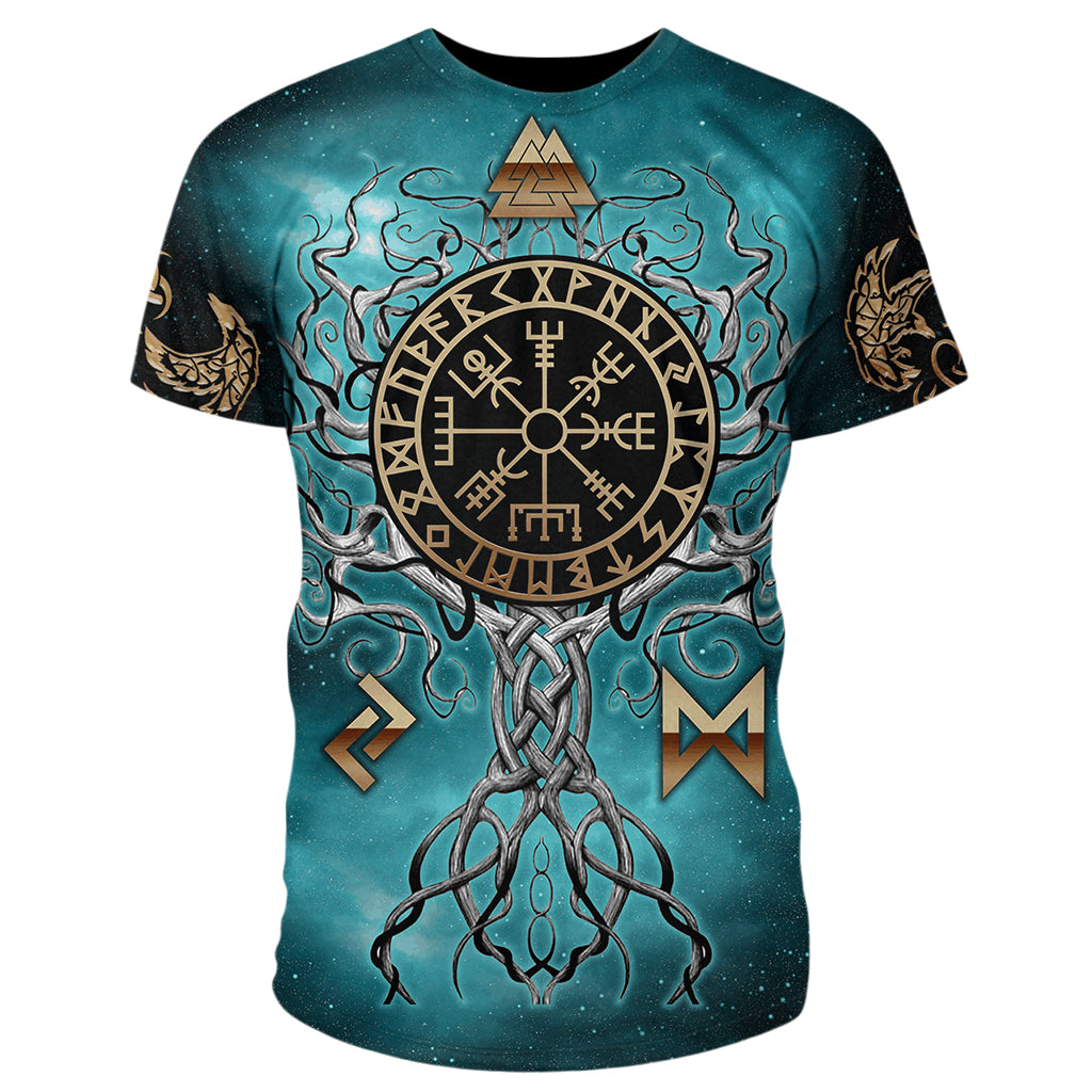 Blåfärgad viking undertröja mönstrad med flera nordiska tecken som Odens knop, vegvisir och Yggdrasil