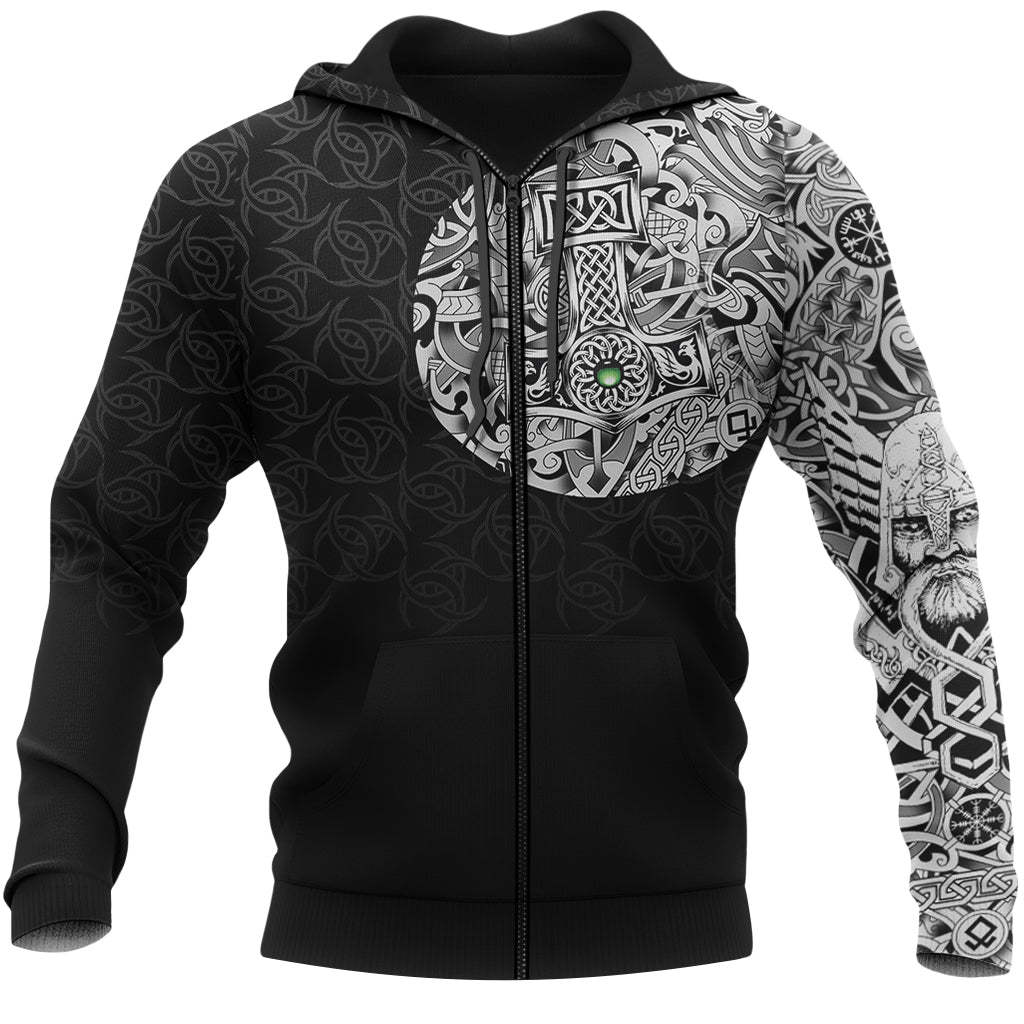 Svart viking zip hoodie mönstrad med fornnordiska symboler