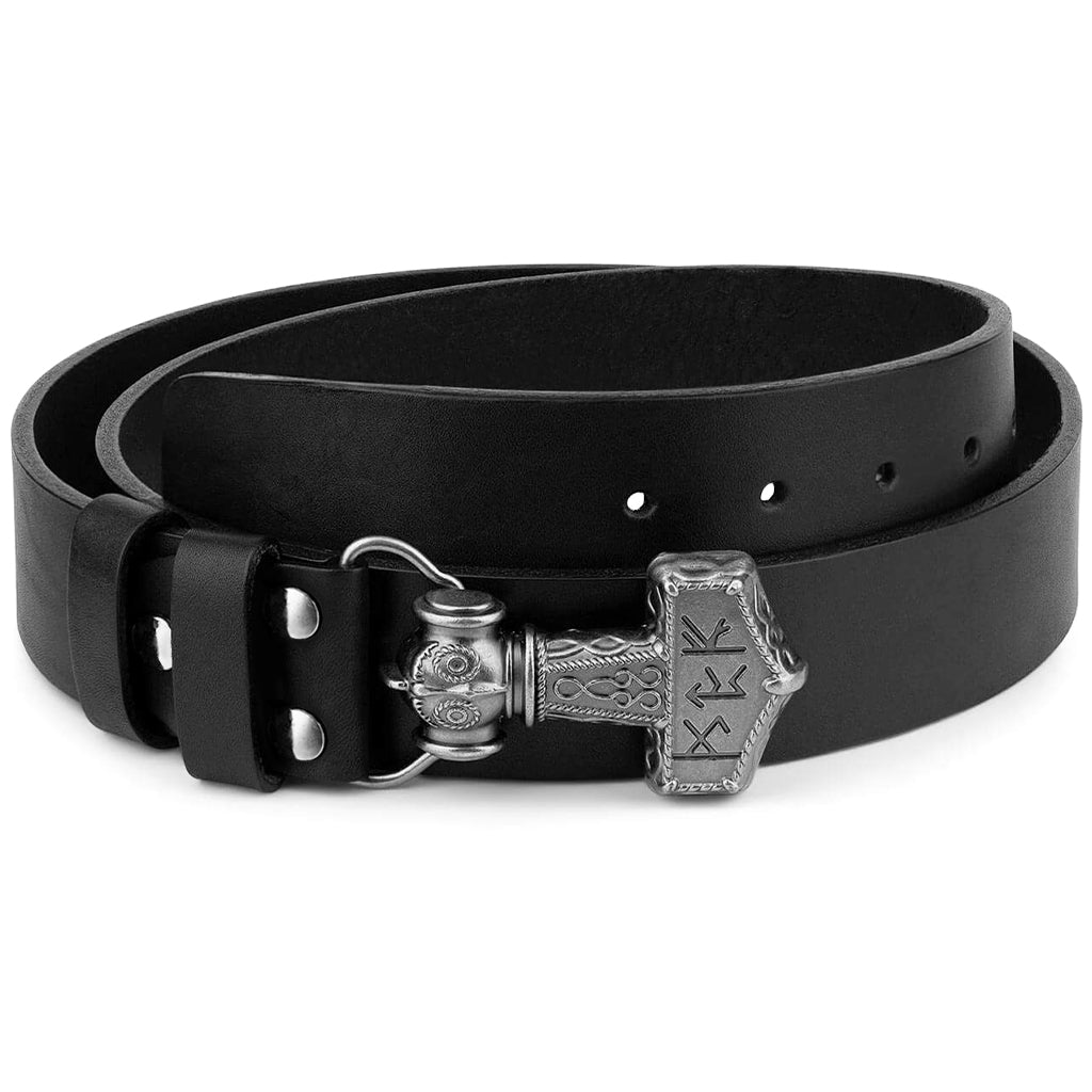 Vikingatida bälte i svart läder med Mjölner-spänne