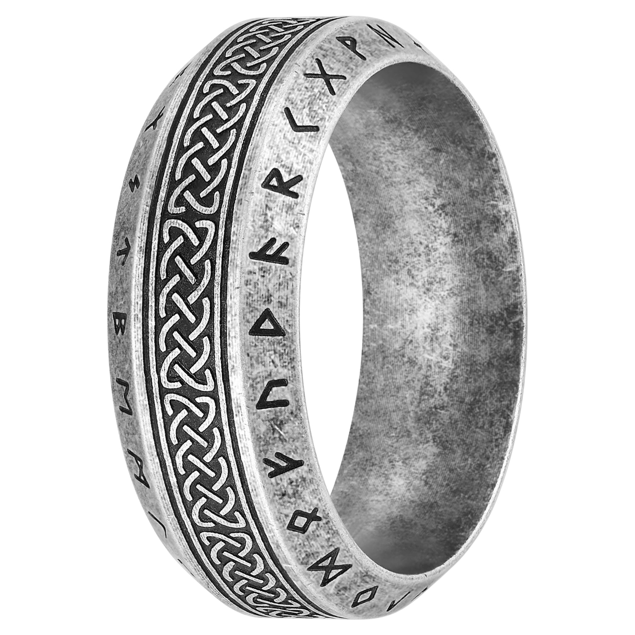 Vintage vikingaring med flätmönster och runor, tillverkad av rostfritt stål