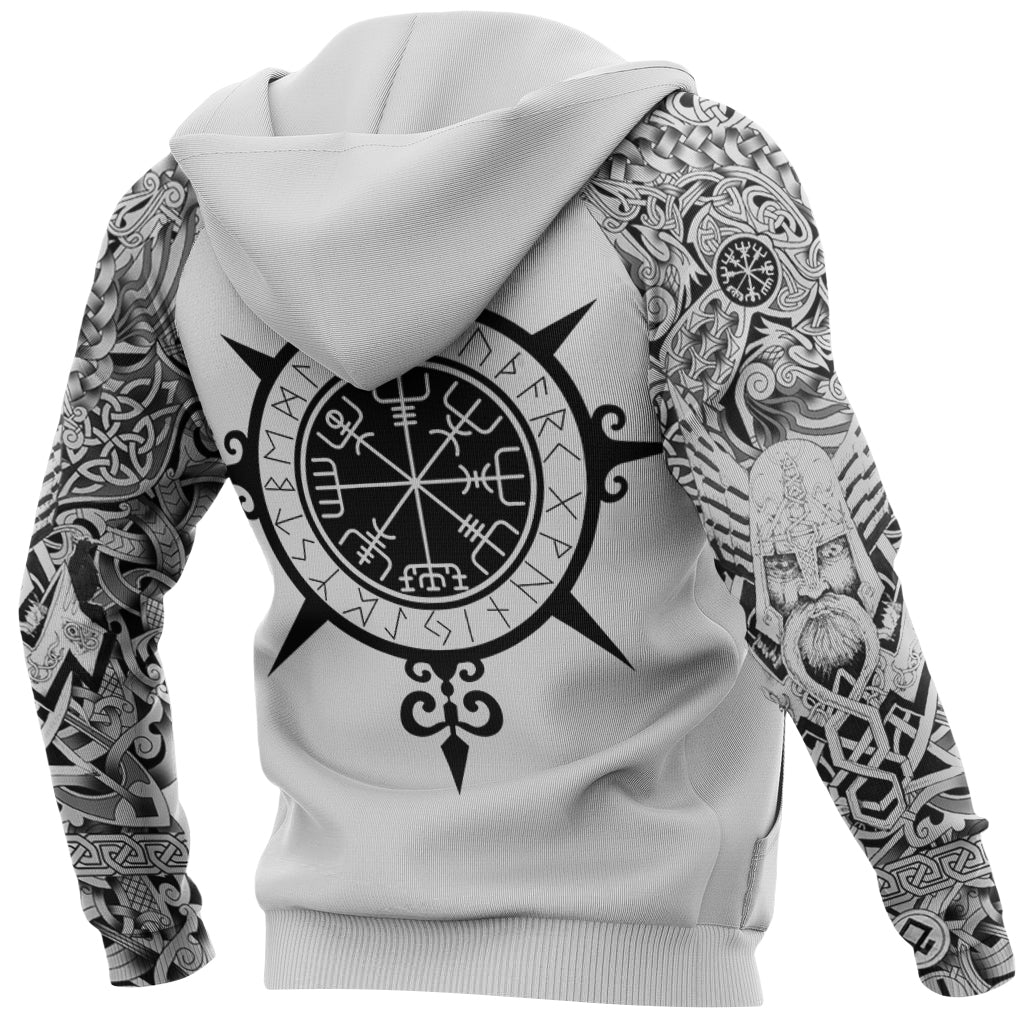 Vit luvtröja med den isländska rungaldern vegvisir tryckt på ryggen