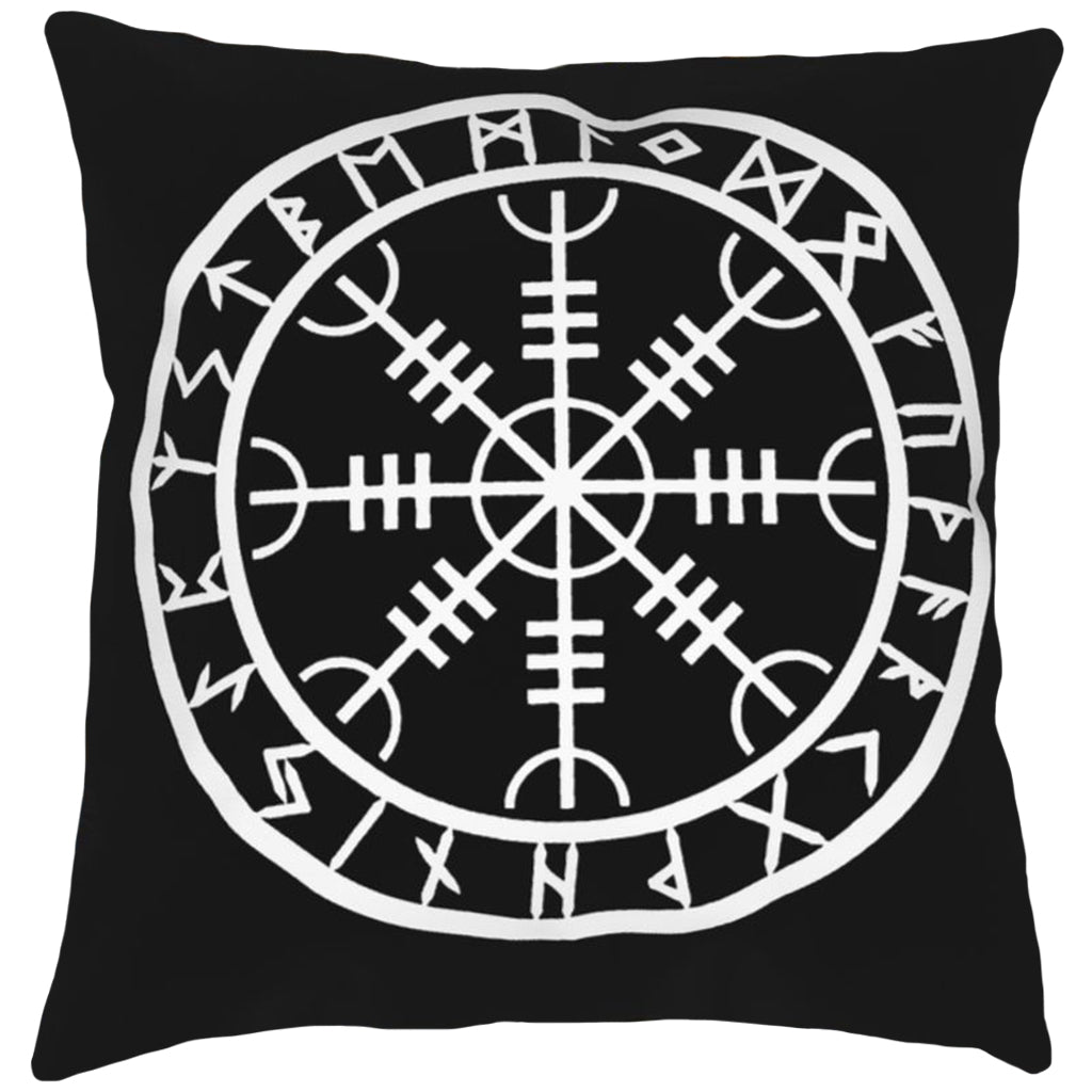 Svart kudde med vitt textiltryck av rungaldern Helm of Awe