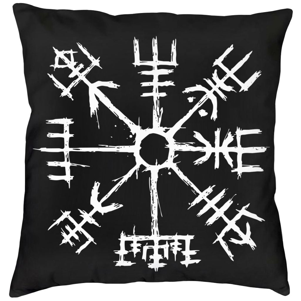 Svart vikingatida kudde med vitt textiltryck av stigfinnande symbol