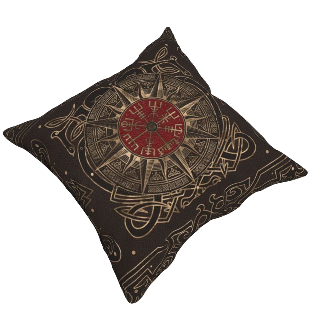 Mörkbrunt kuddfodral med motiv av kompassros med rungaldern vegvisir i mitten