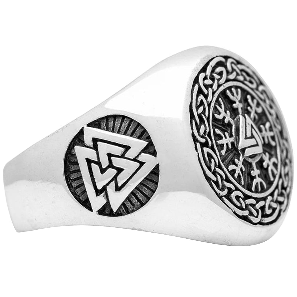 Polerad stålring med vikingasymbolerna valknut och skräckhjälmen