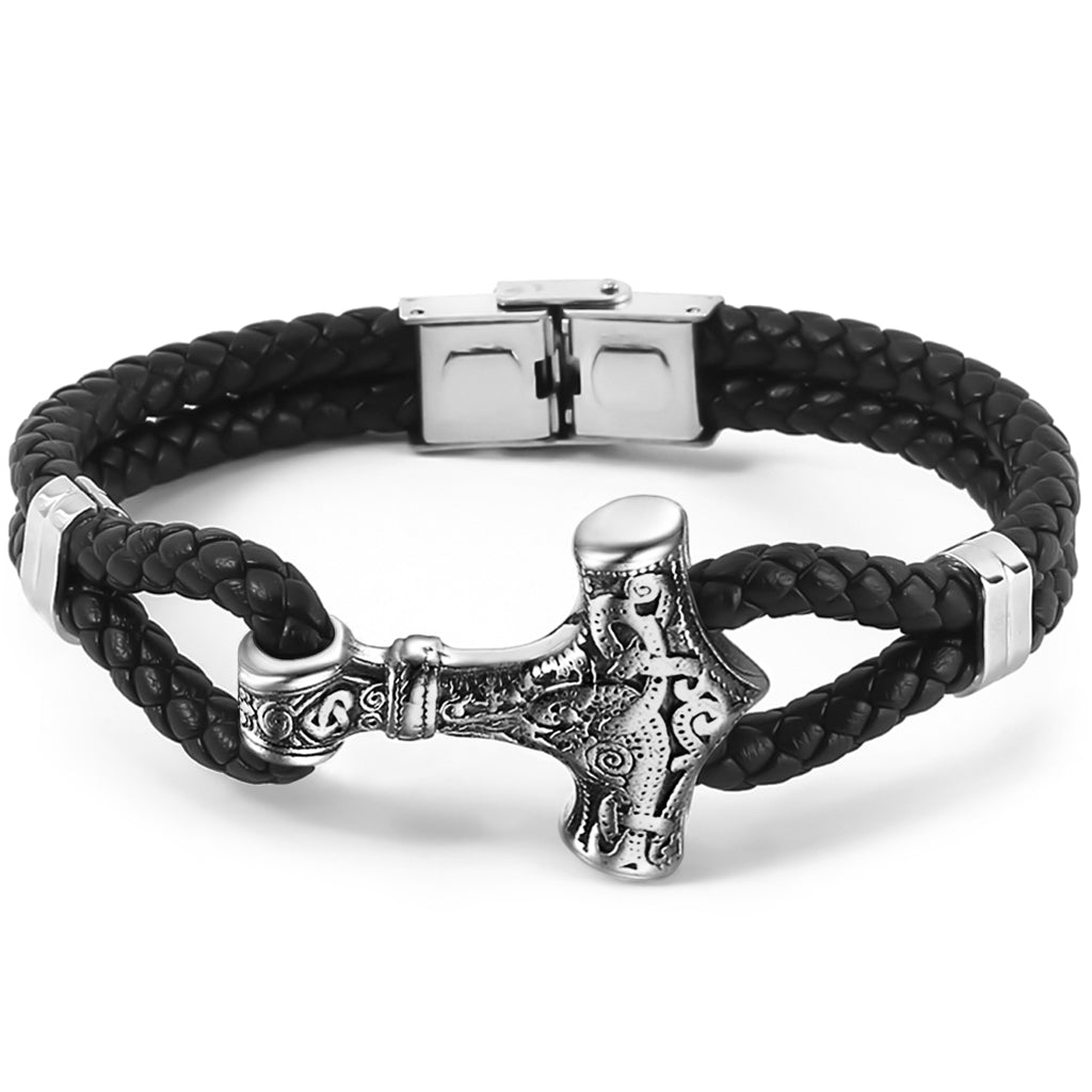 Torshammare armband i flätat svart läder