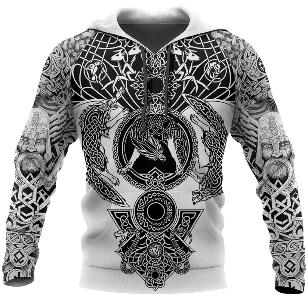 Vitfärgad huvtröja mönstrad med fornnordiskt mönster